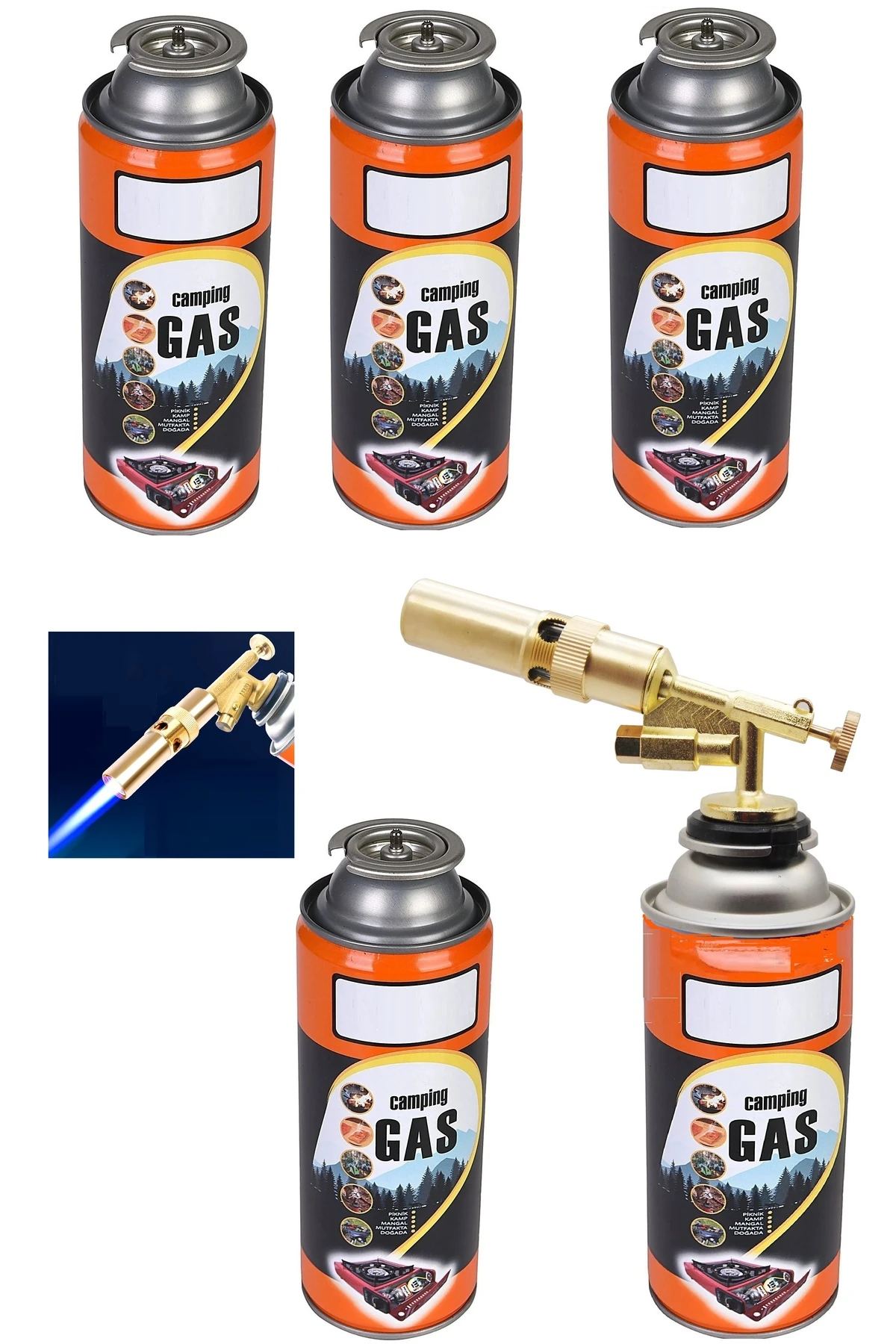 Çakmaklı Metal Pürmüz Kamp Gazı Kartuşlu Piknik Kamp Mangal Mutfak için 4 Adet 400ml Gaz ve  Başlık