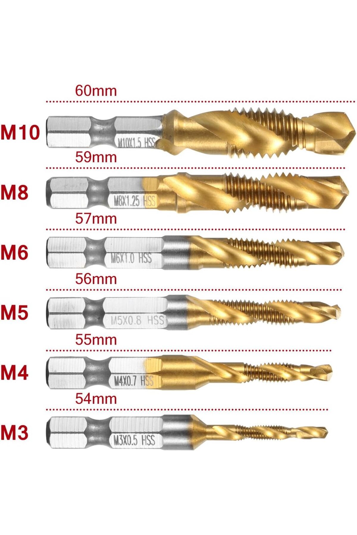 Klavuz Seti 1/4 Bıts Kendinden Matkap Uçlu M3 M4 M5 M6 M8 M10 titanyum Ahşap metal  matkap uçlu