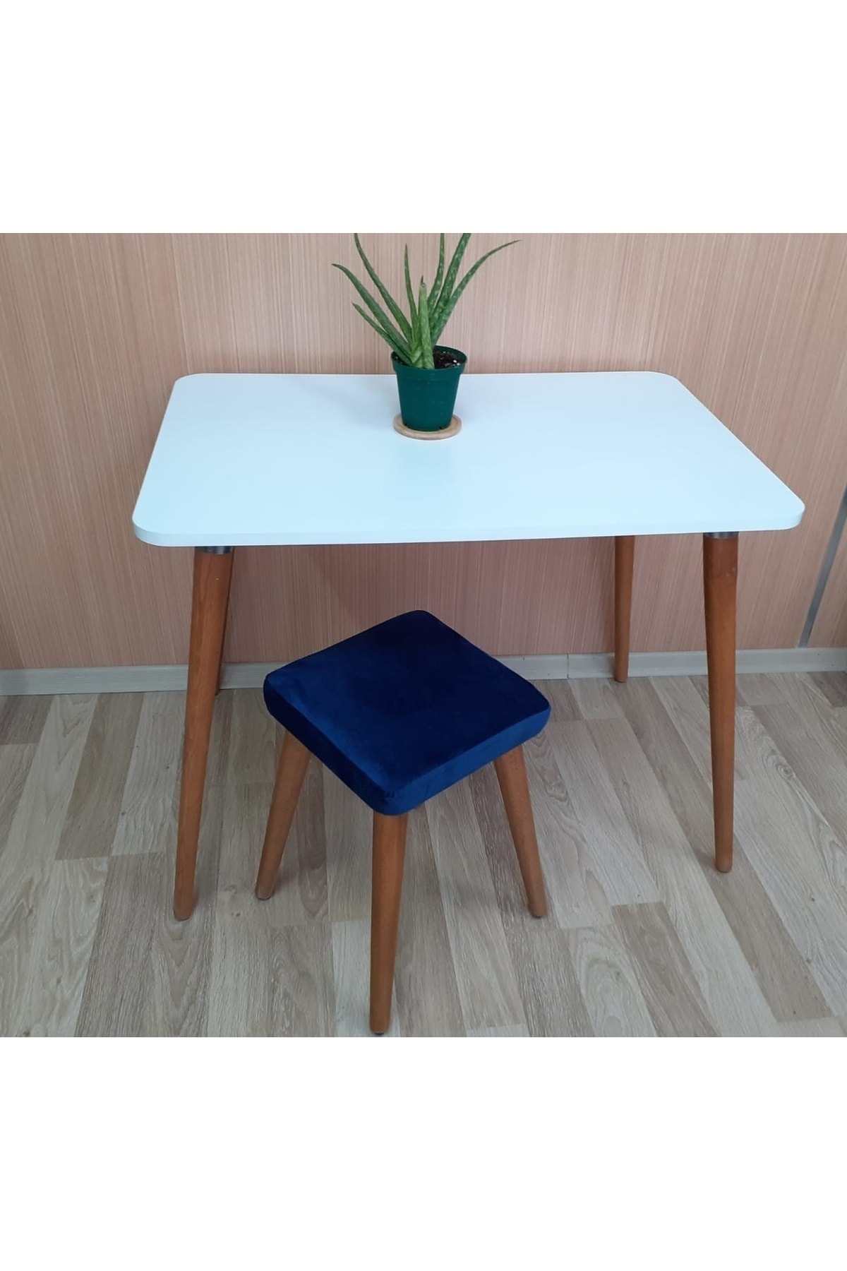 Ahşap Ayaklı Mutfak Salon Yemek Masası 60x90 Cm Gürgen Masif Ayak Beyaz Çalışma Masası