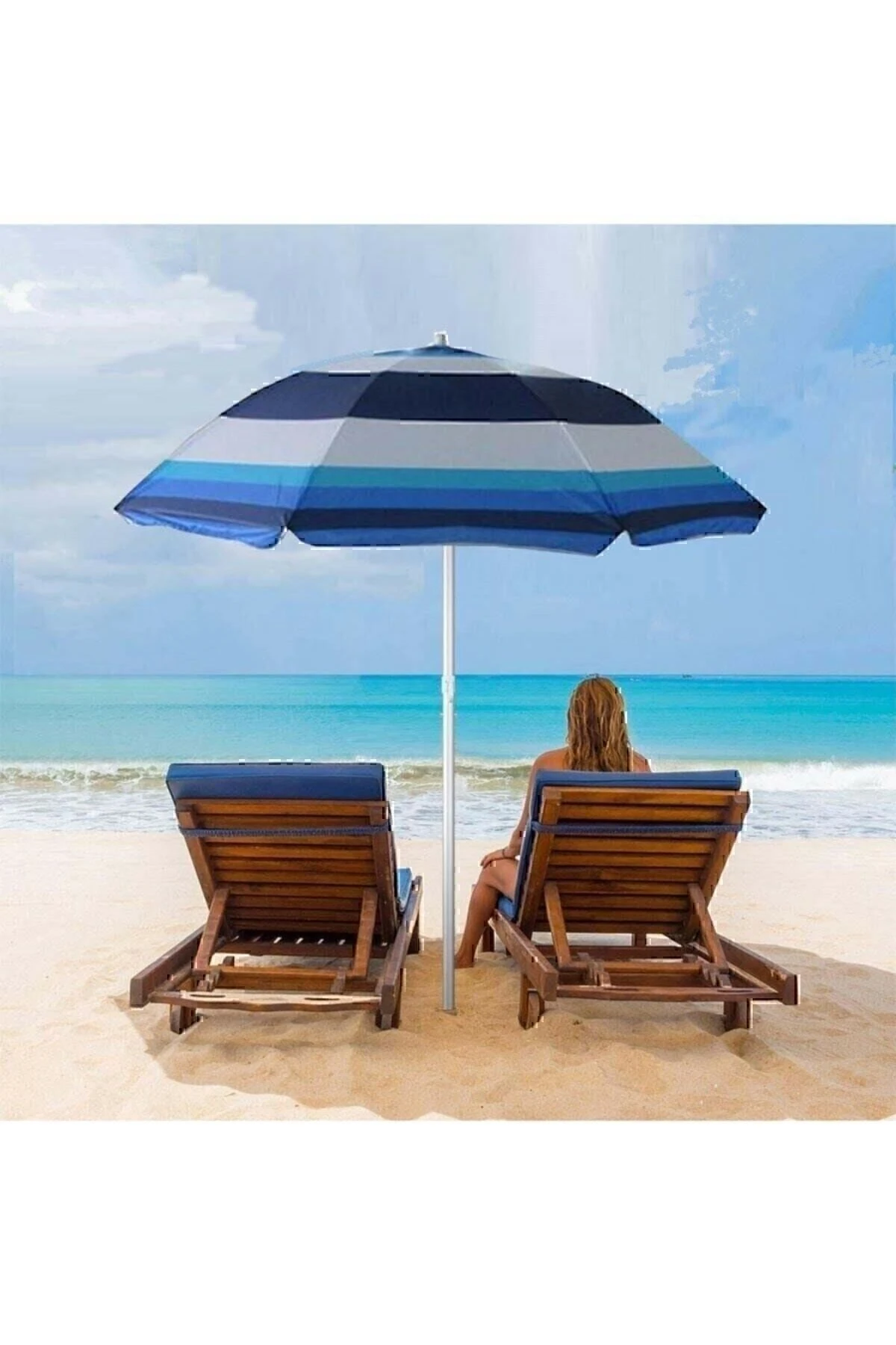 Plaj Deniz Bahçe Balkon Piknik Kamp Güneş Şemsiyesi Katlanır Mavi Beyaz 180 cm