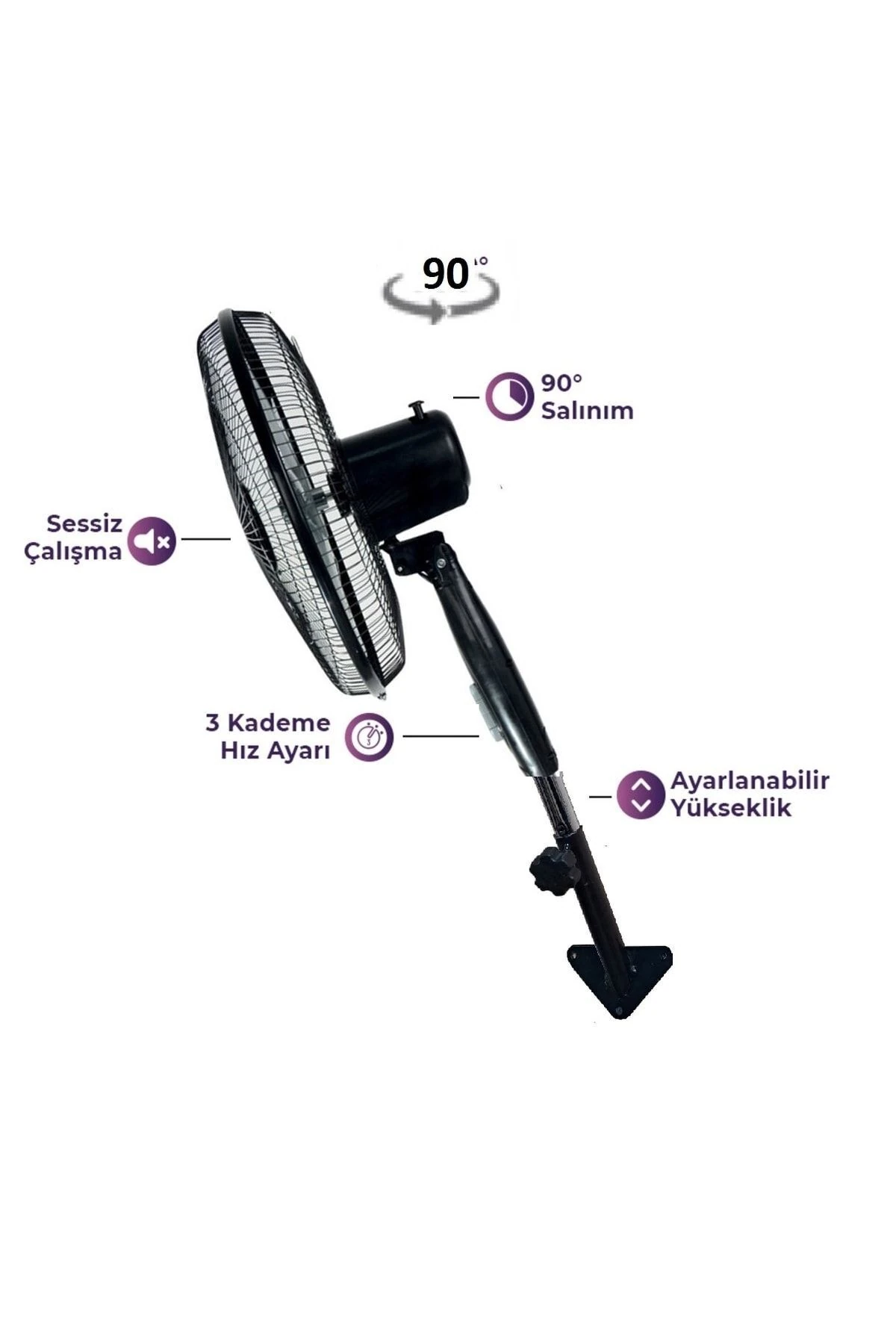 Duvar Için Hava Vantilatörü 90 Derece Döner Kafa Duvar Montajlı Pervane 40cm 55w Siyah Fan