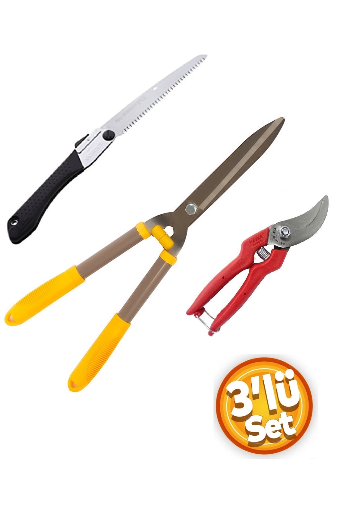 Ağaç Dal Kesme Katlanır Testere Çim Çit Ot Kesme Bahçe Düzenleme Ahşap Saplı Makası 3 Parçalı Set
