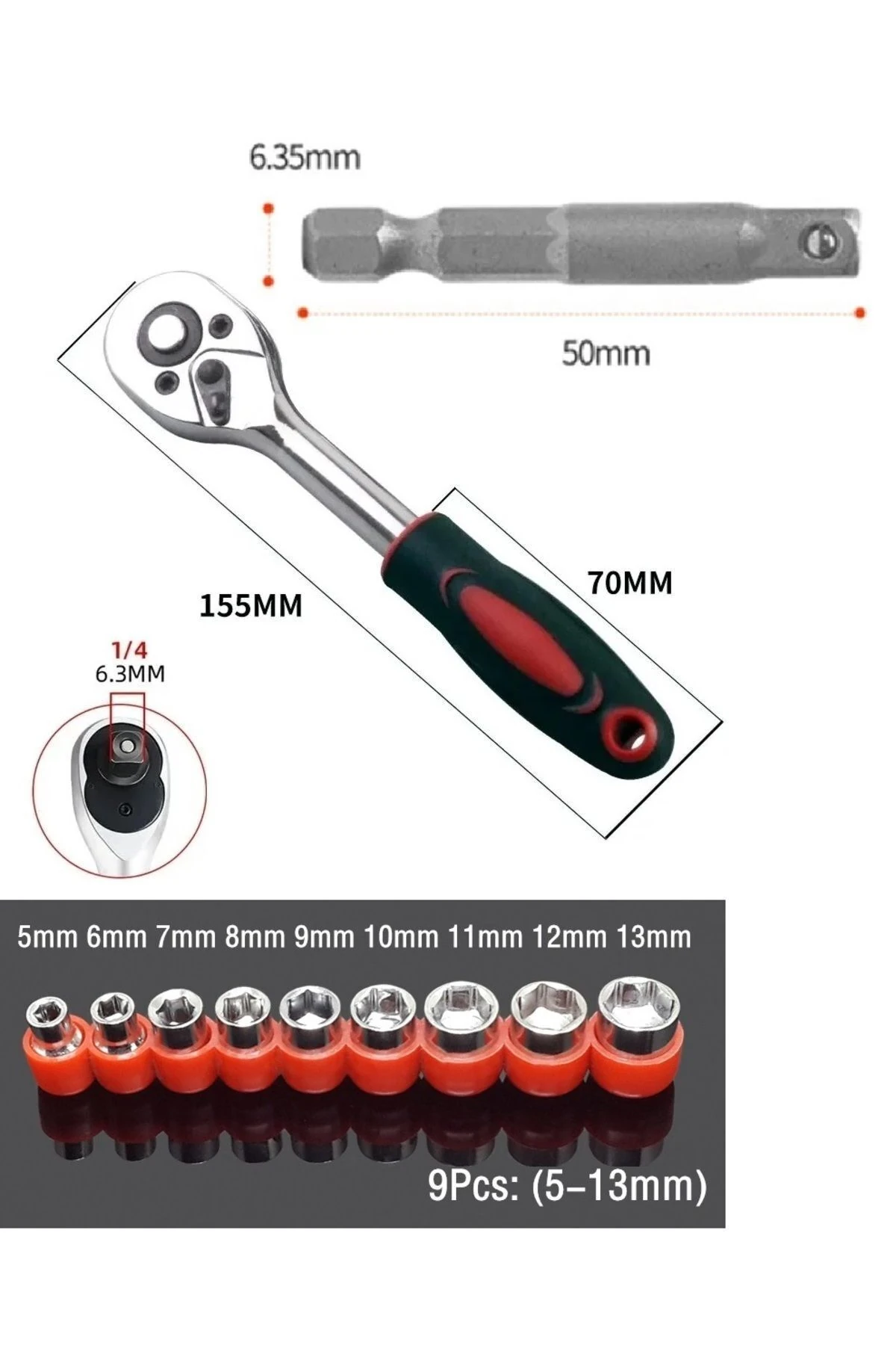 Cırcır Kollu 9 parçalı Lokma seti  ve Matkap adaptörü 1/4 soket Lokma Takımı  cır cır anahtar kolu