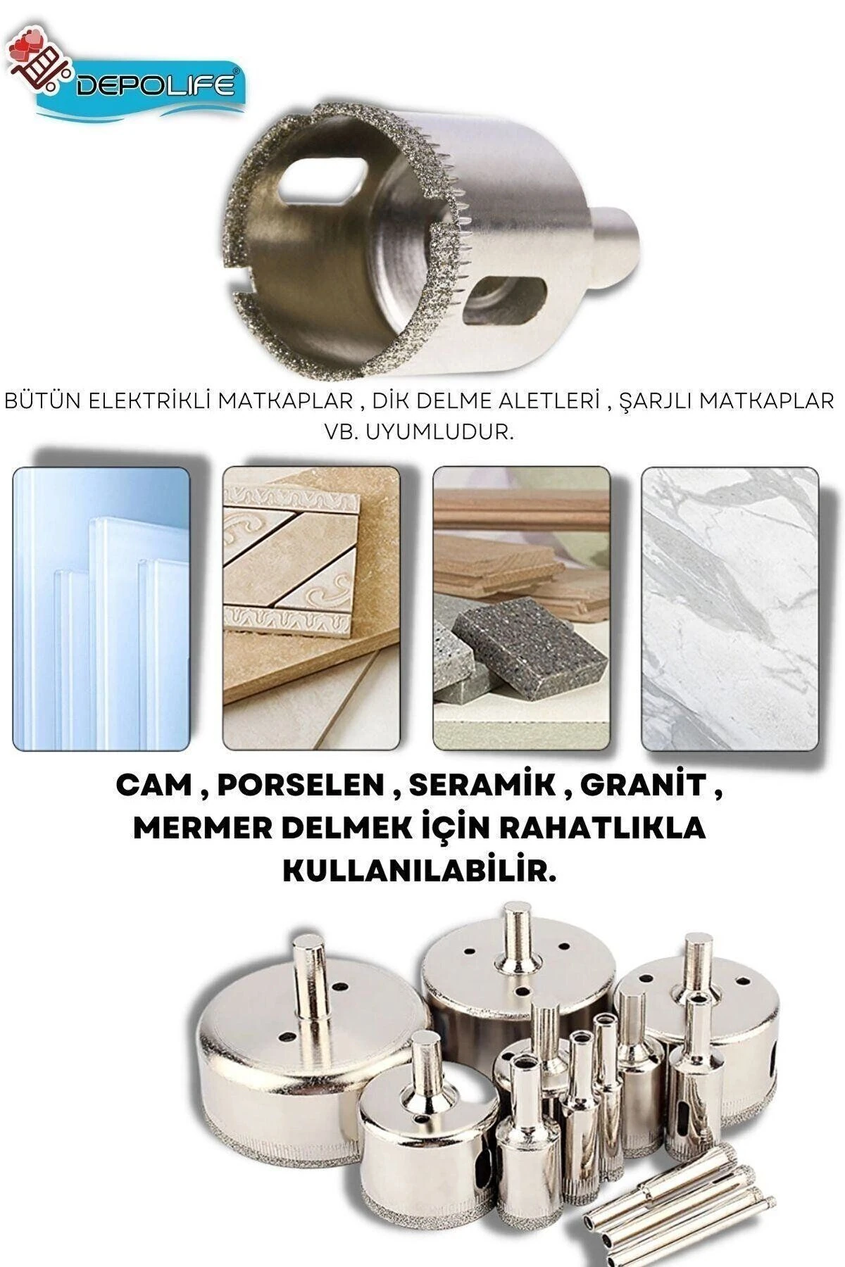 Tam Set 3mm-60mm Mermer Granit Fayans Cam Yuvarlak Delme Panç Elmas Matkap Için Boru Karot