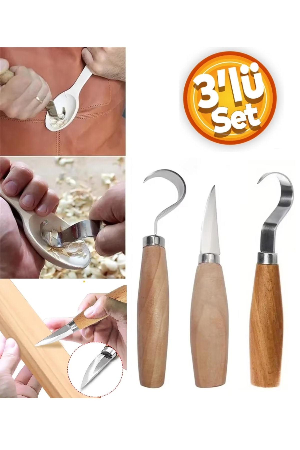 Ahşap işleme oyma bıçak seti 3 Parçalı Kaşık Kuksa Oyma Kıvrık ıskarpela Seti