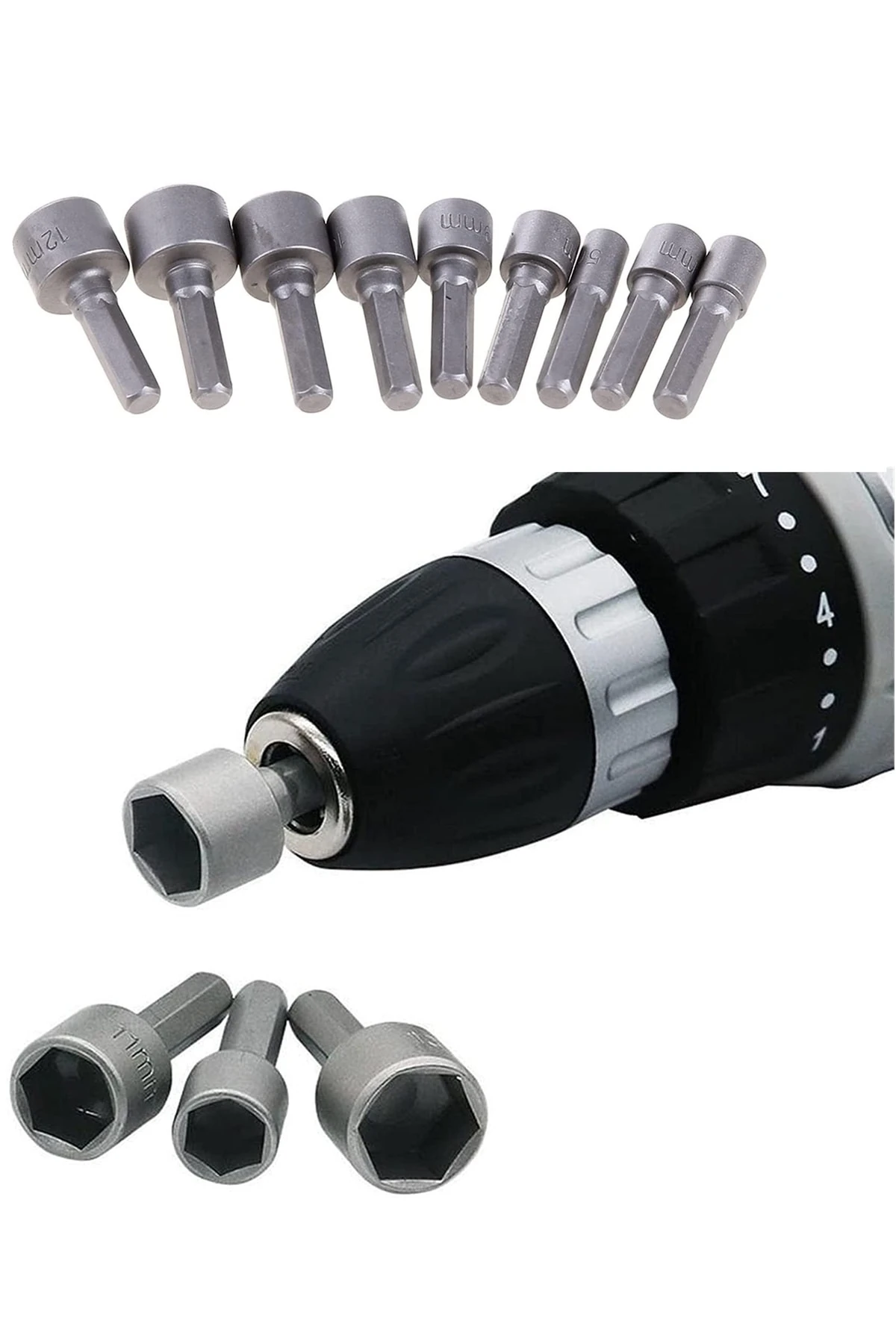 Somun Sökücü Bits Lokma Seti 1/4"vidalı Metrik Adaptör Matkap Ucu 5 Ila 13mm Altıgen Şaft 9 Parça