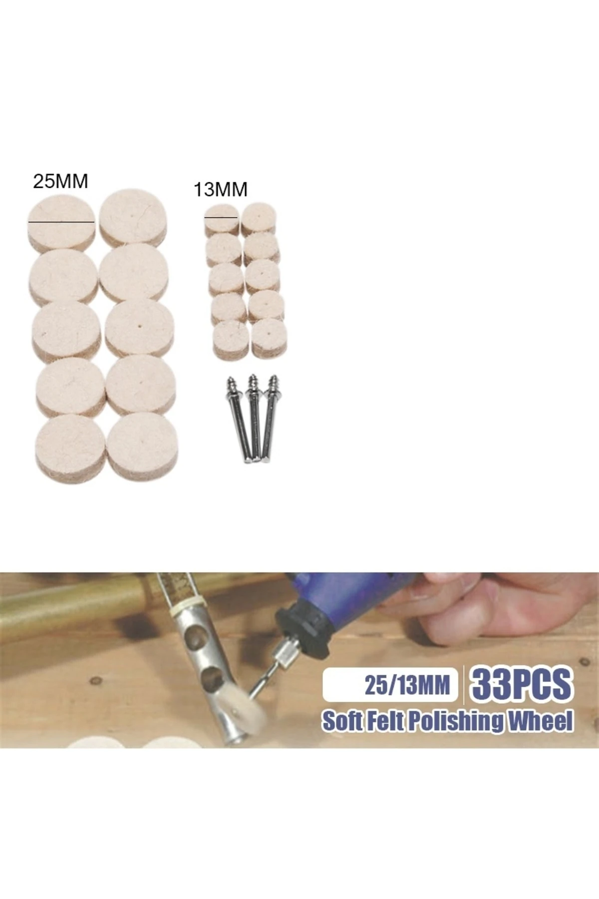 Polisaj Cila Parlatma Keçesi Yün Keçe Dremel Matkap Ucu 13mm Ve 25mm Toplam 33 Lü Set
