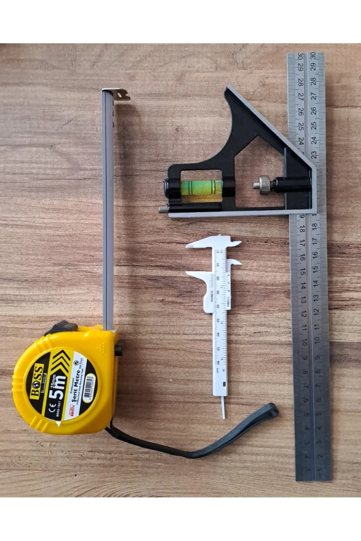 Açılı Kombine gönye Su Terazili 5 Metre Şerit Kumpas Seti Marangoz Mühendis Mimar El Alet Seti