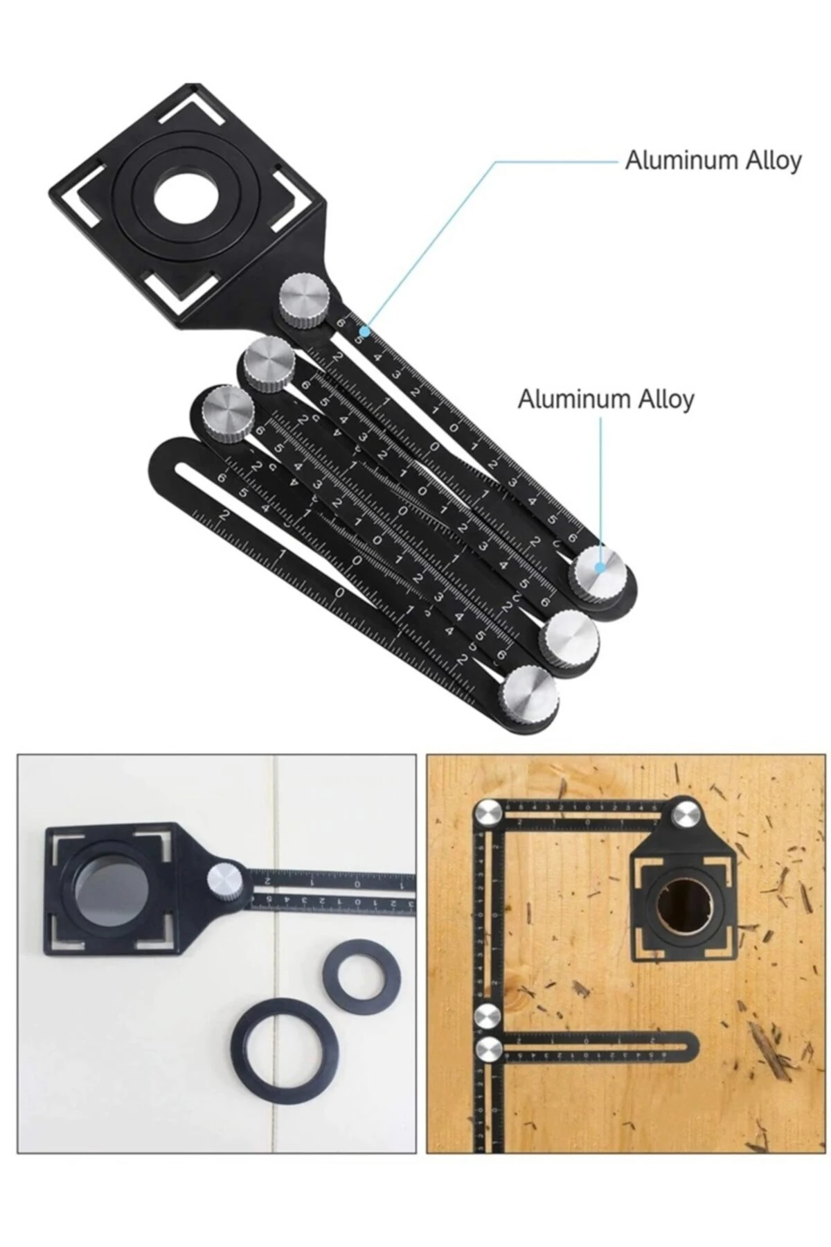 Gönye Fonksiyonlu Alüminyum Delik Ayarlayıcı Şablon Cetveli 6 Yönlü Ölçüm Cihazı Ayarlı Açılı Şablon