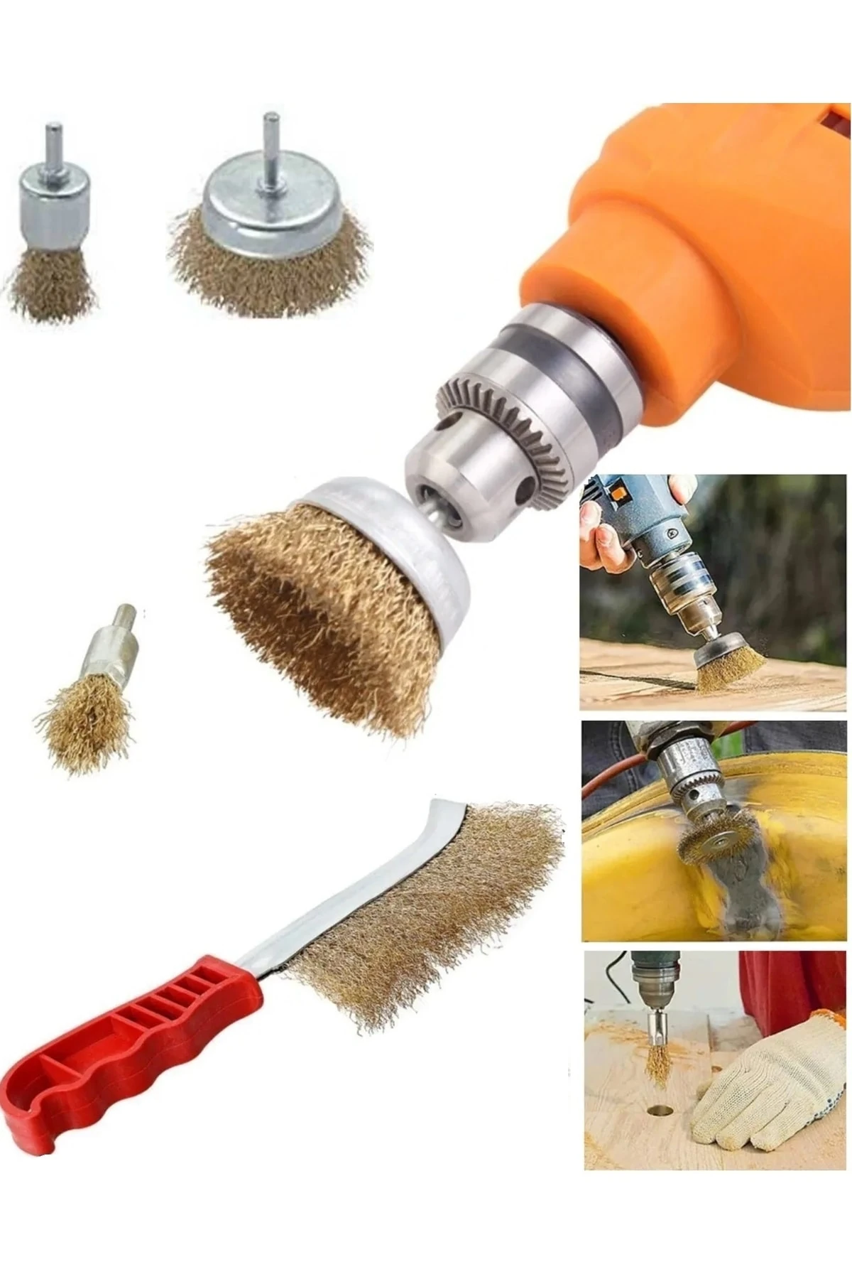 6 Parça Pimli Matkap Için Tel Fırça Seti Pirinç Kaplı Saplı El Çelik Tel Fırça Silindir Konik Set