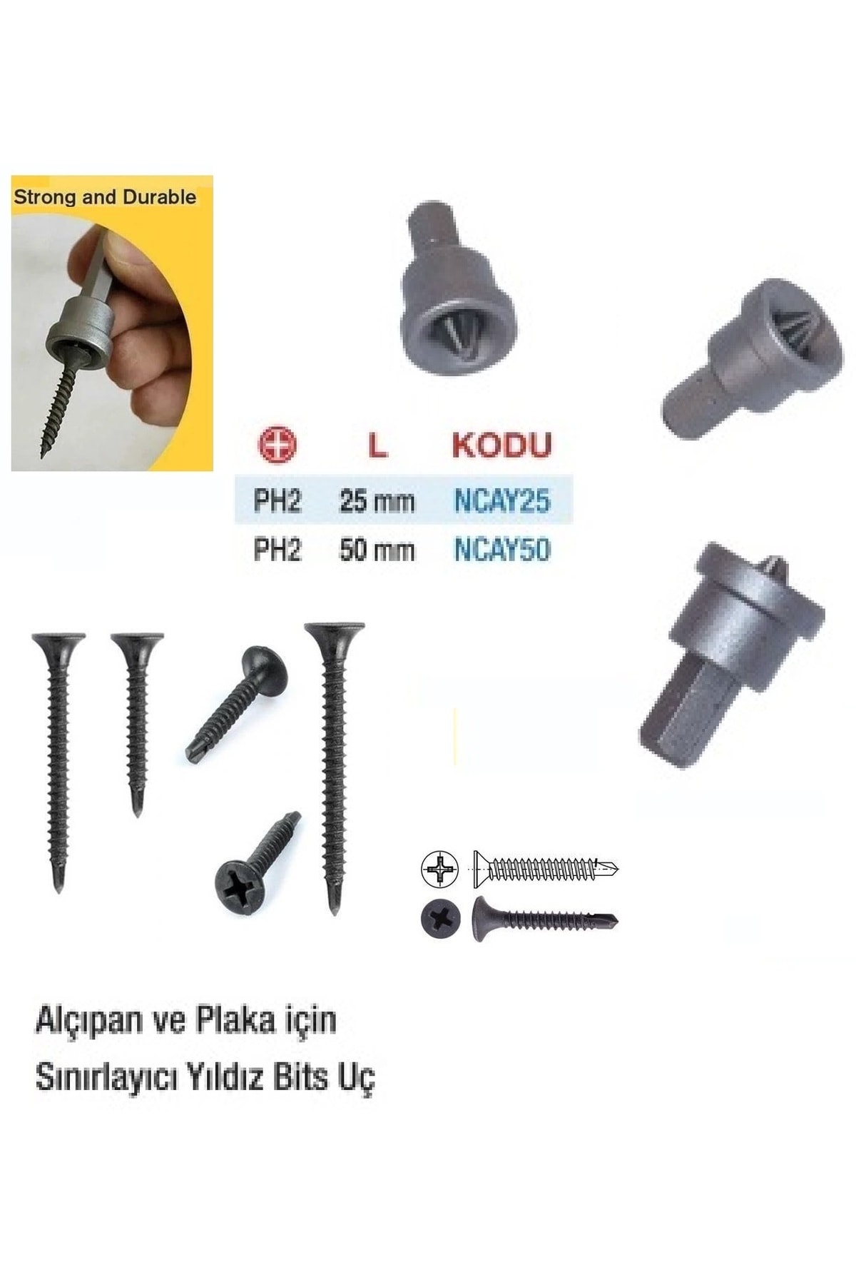 Alçıpan Vidalama Matkap Ucu Ph2 X25 S2 Çeliği Şapkalı Sınırlayıcı Bits Ucu 3 Adet Stoplu