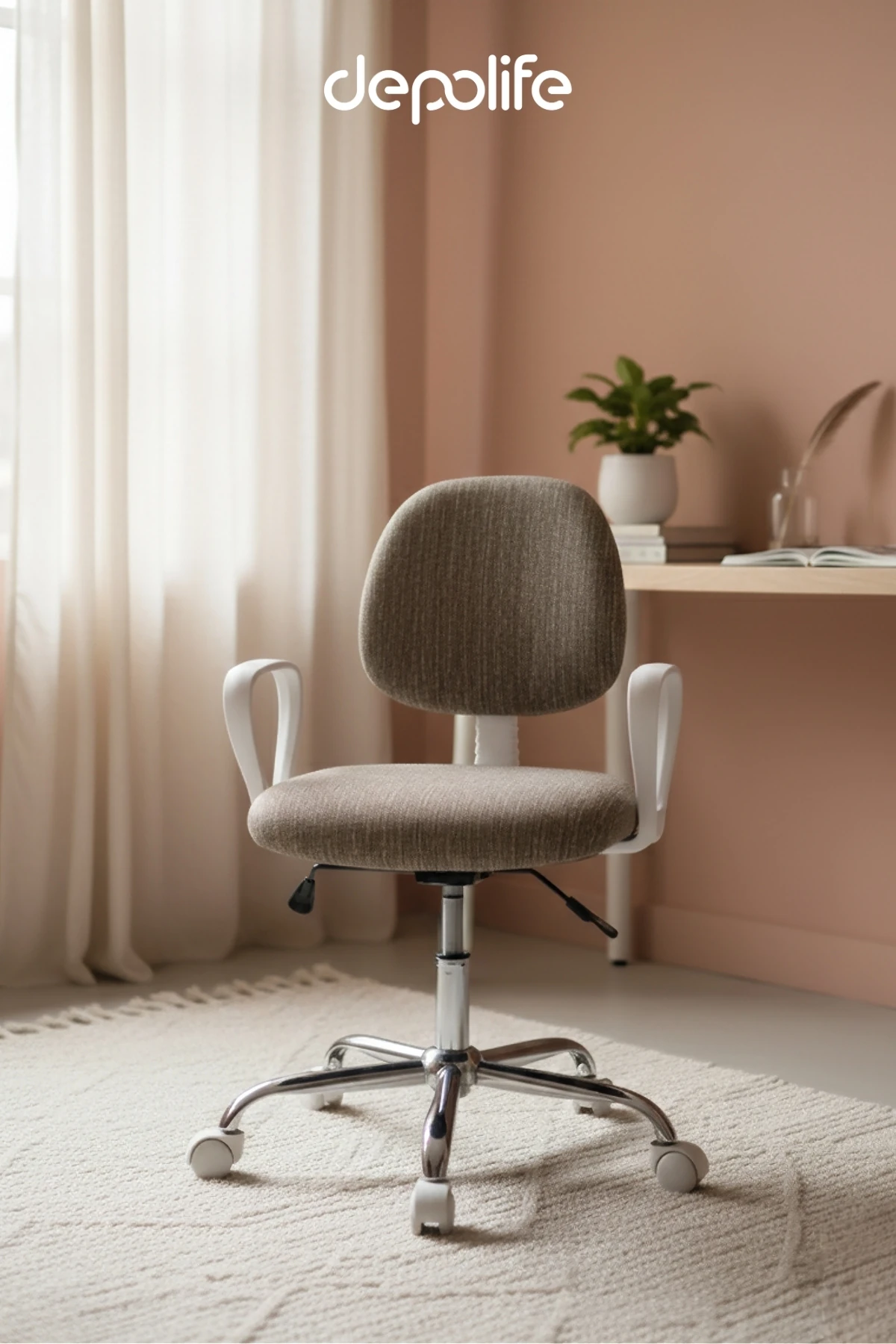  Ev Ofis Sekreter Personel Çalışma Sandalyesi Geriye Yatma Krom Beyaz Büro Ders Oyuncu Koltuğu - Kahverengi Tedy - Krom