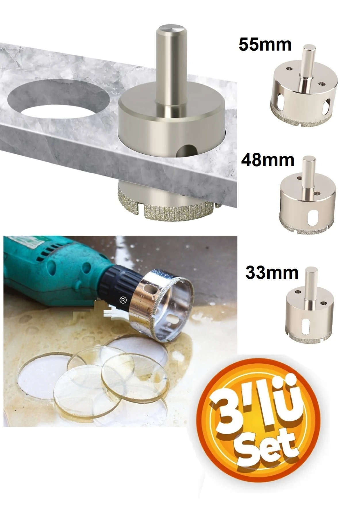 Mermer Granit Fayans Cam Yuvarlak Delme 33-48-50-55mm Matkap Uyumlu Elmaslı Boru Tipi 3lü Panc