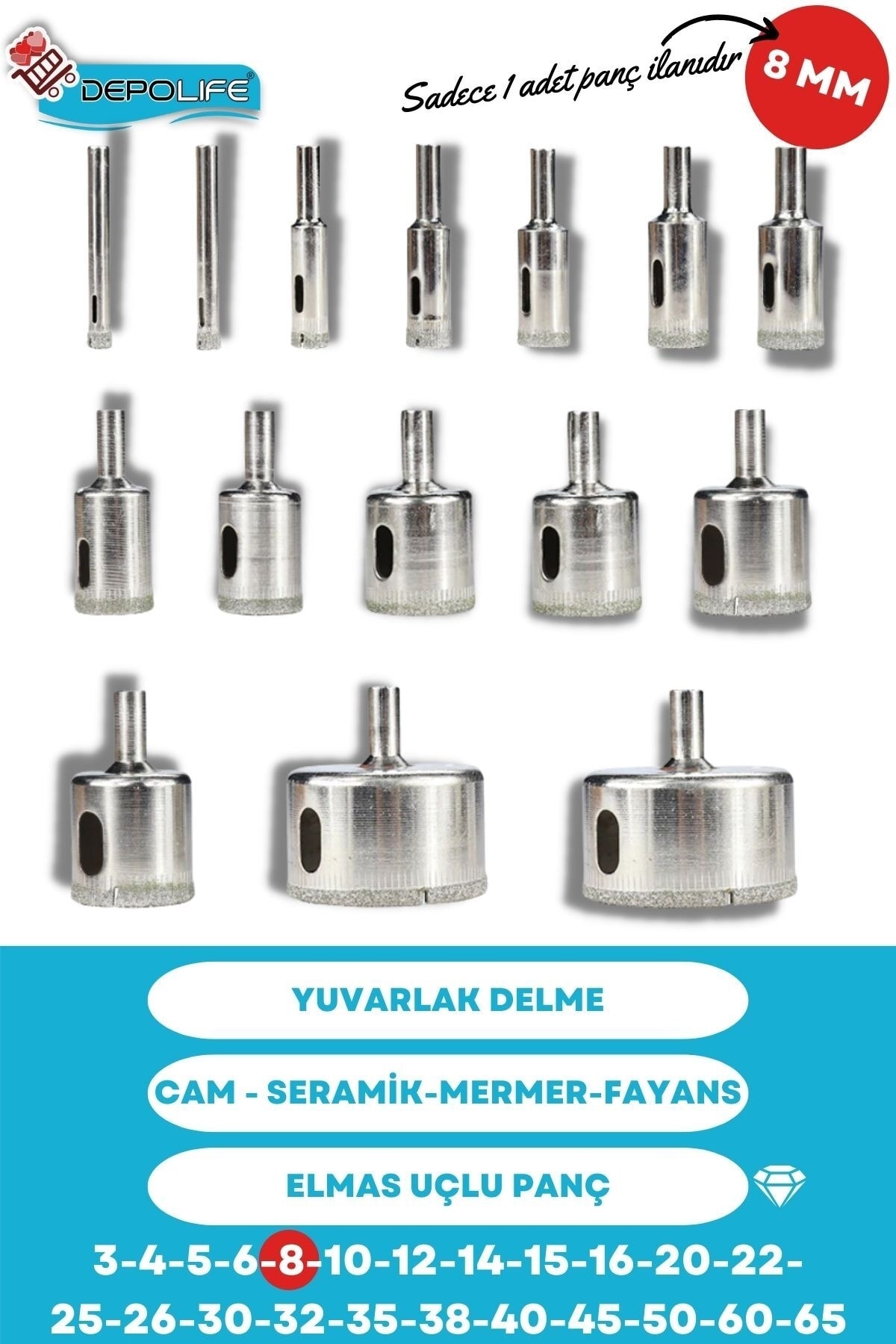 8mm Mermer Granit Fayans Cam Yuvarlak Delme Panç Elmas Uç Yuvarlak Açma Matkap Için Karot