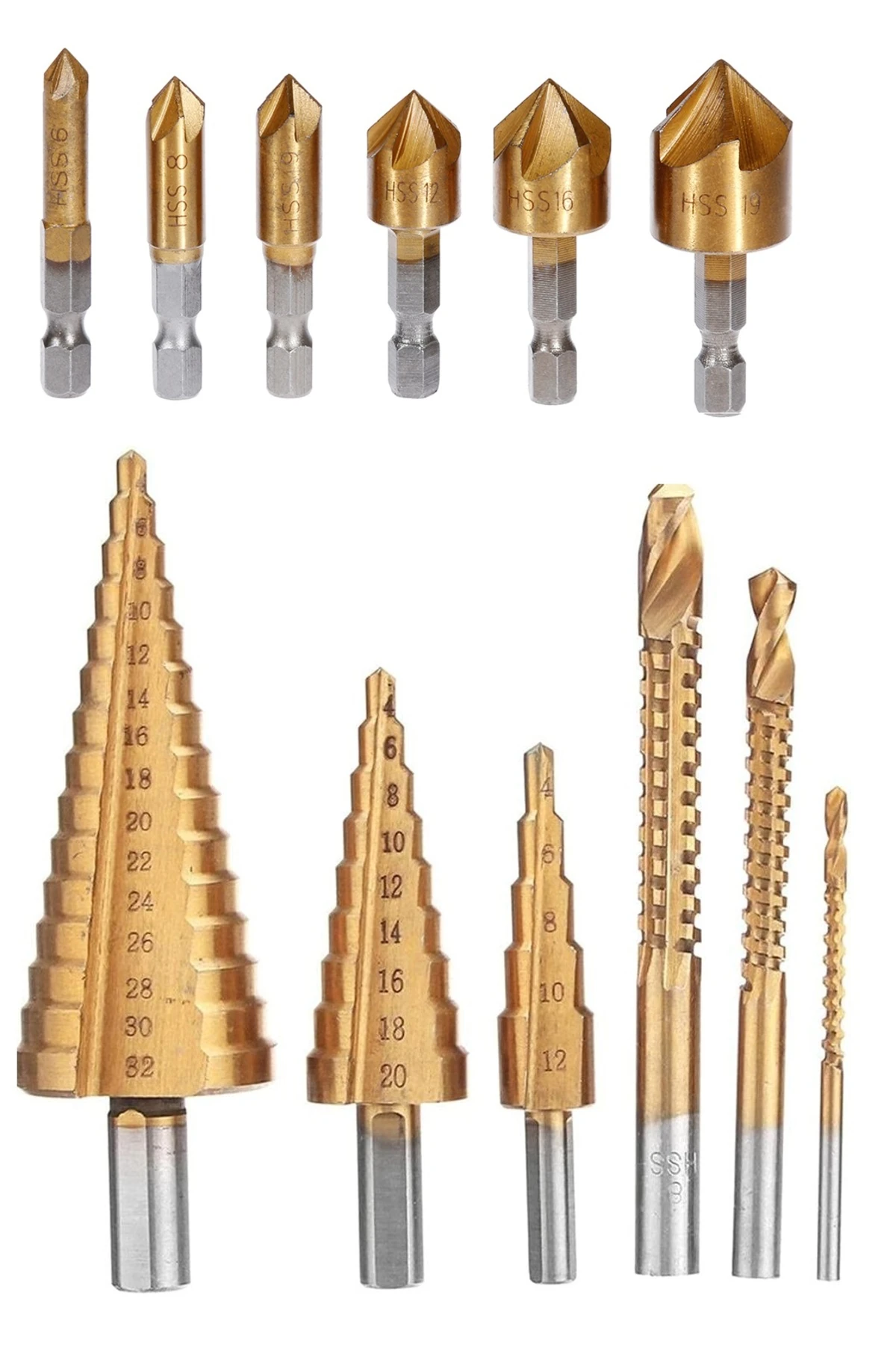 HSS havşa matkap ucu Set pah kırma  raybalama ve titanyum kaplı adım matkap ucu Kozalak kesici