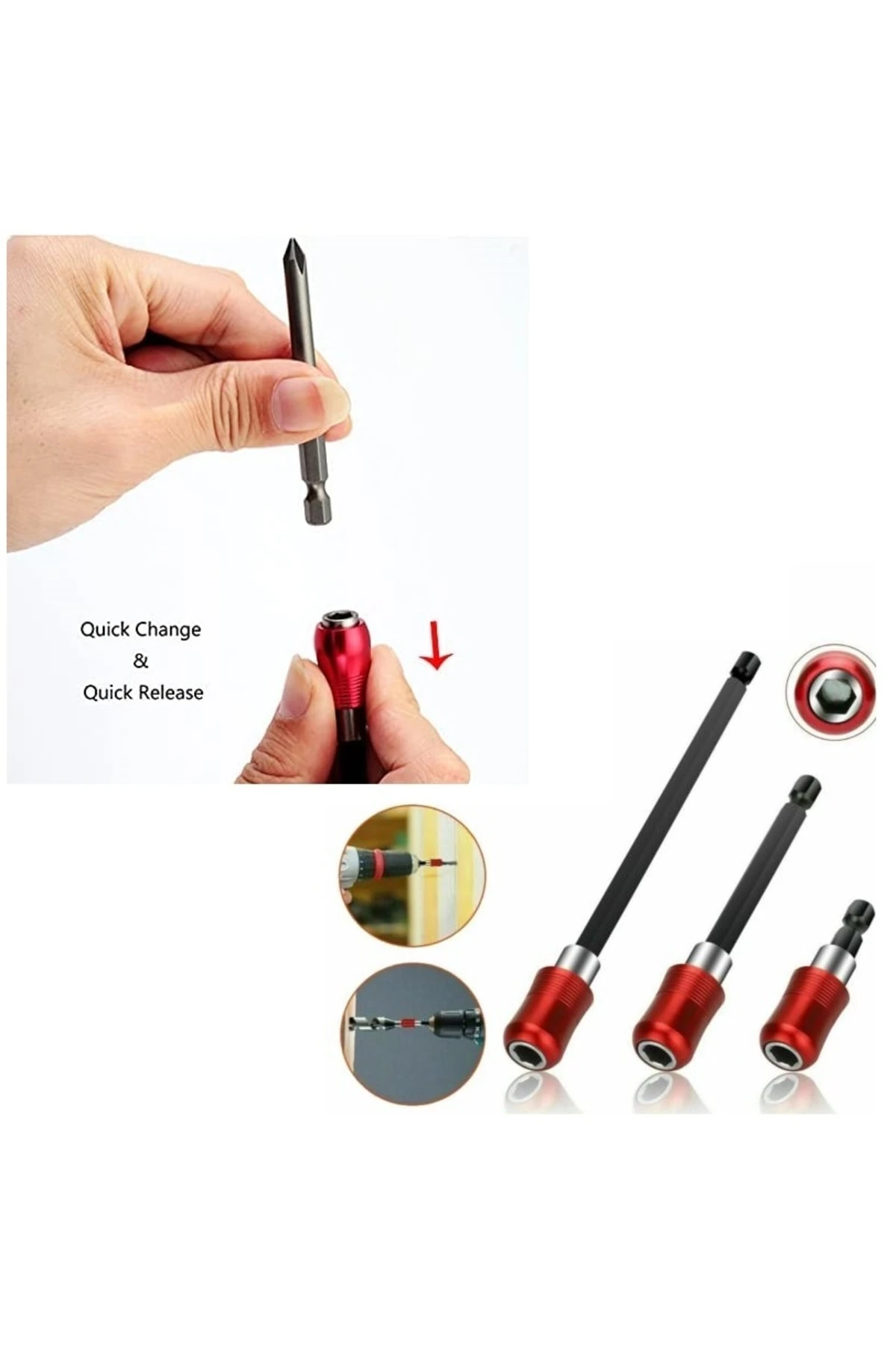 Hızlı Vidalama Adaptörü Bit Vidalama Uzatma Aparatı Altıgen 1/4 Hex Bits Şaftlı 3 Parça