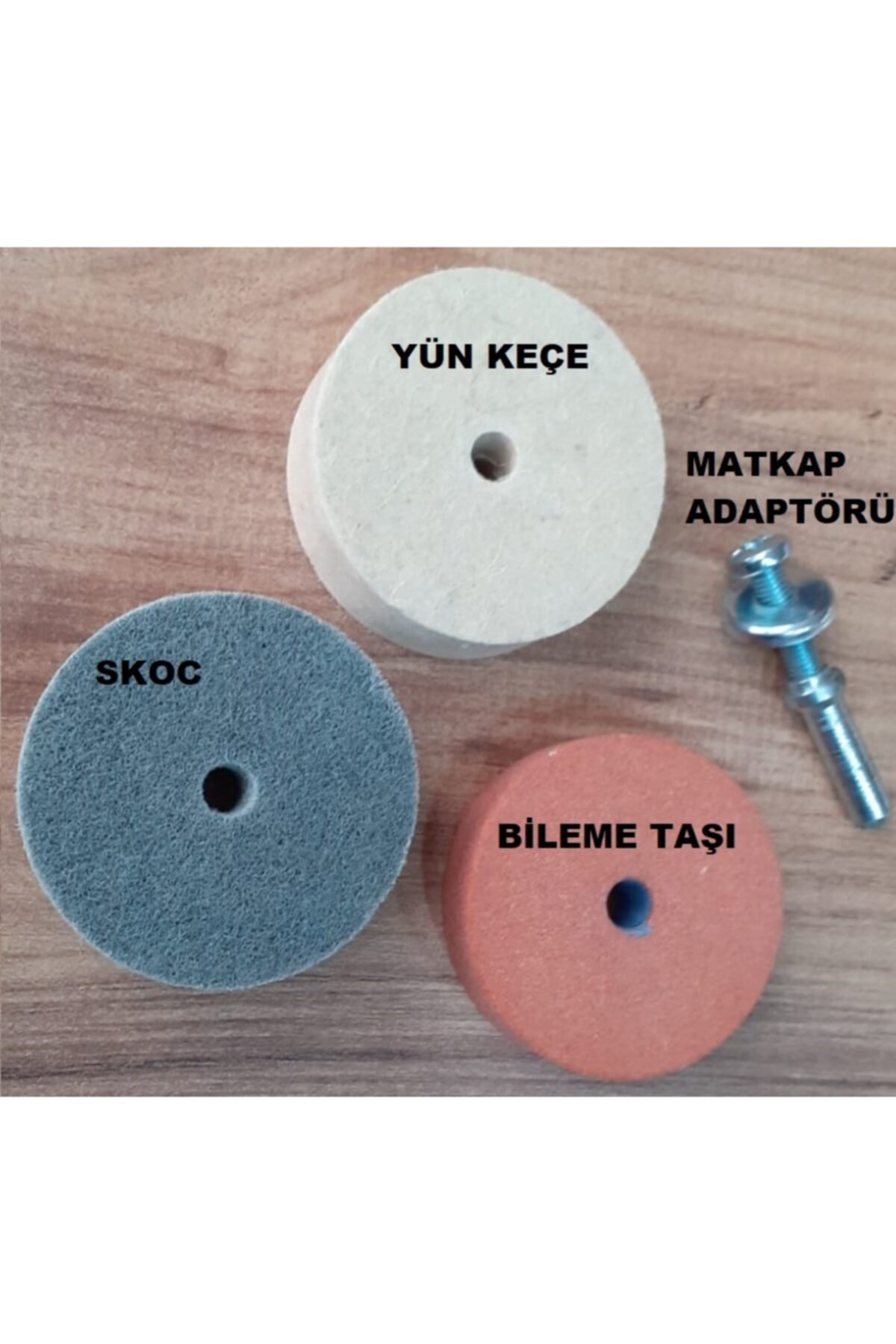 Matkap Adaptörlü Bileme Temizleme Parlatma Disk Seti Değirmen Taşı Skoc Yün Keçe Takımı 4 Parça