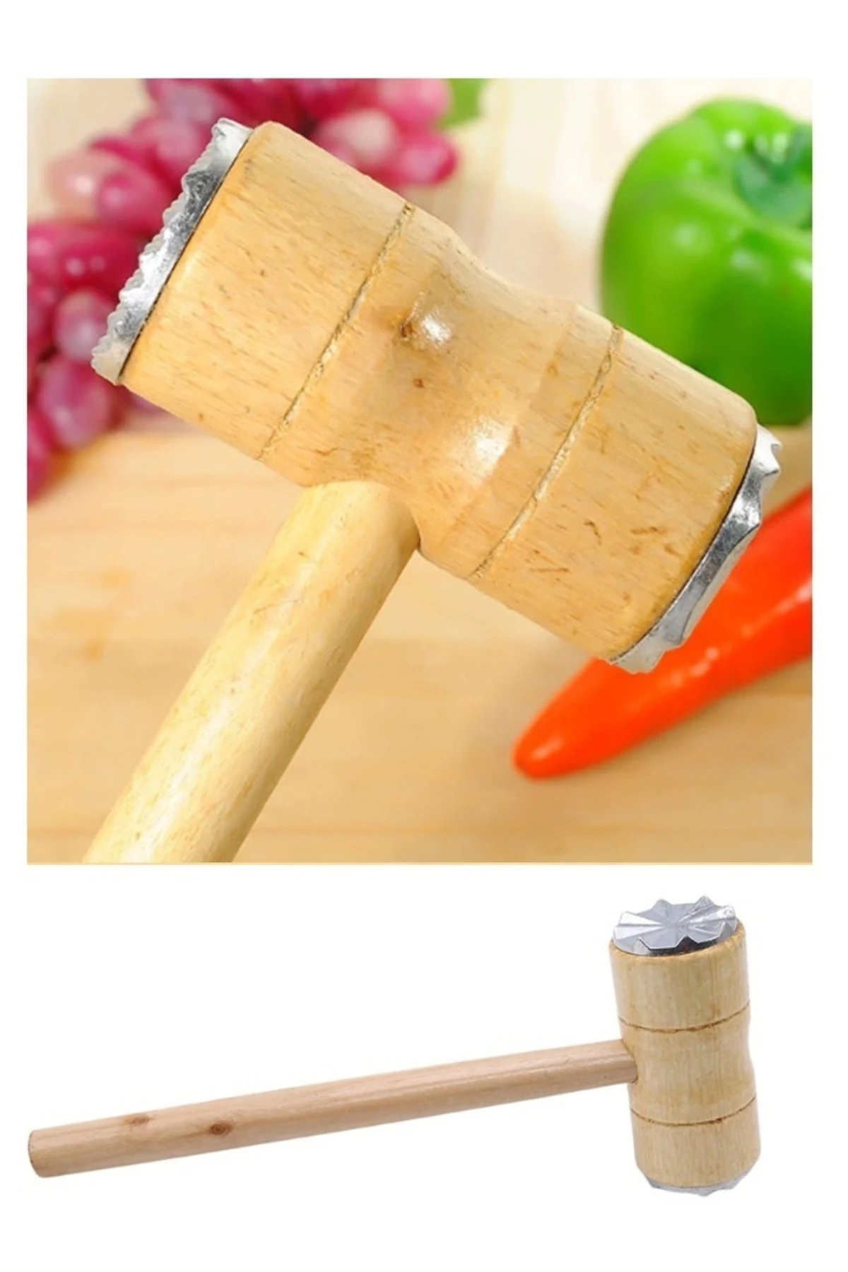 Zeytin Kırma Tokmağı Et Dövme Çekiç Tokmağı Dalgalı Alüminyum Ağızlı Ahşap Tokmak