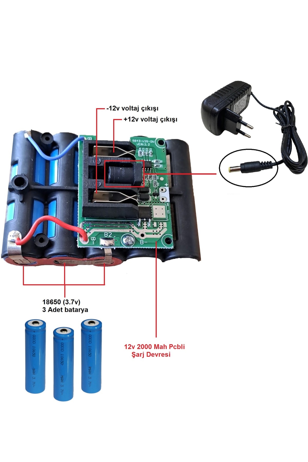 Şarjlı Batarya Grubu 3lü 18650 Li-ion Pil 12v 2000 Mah Pcbli Şarj Bms Devreli Pil Seti Okul Proje
