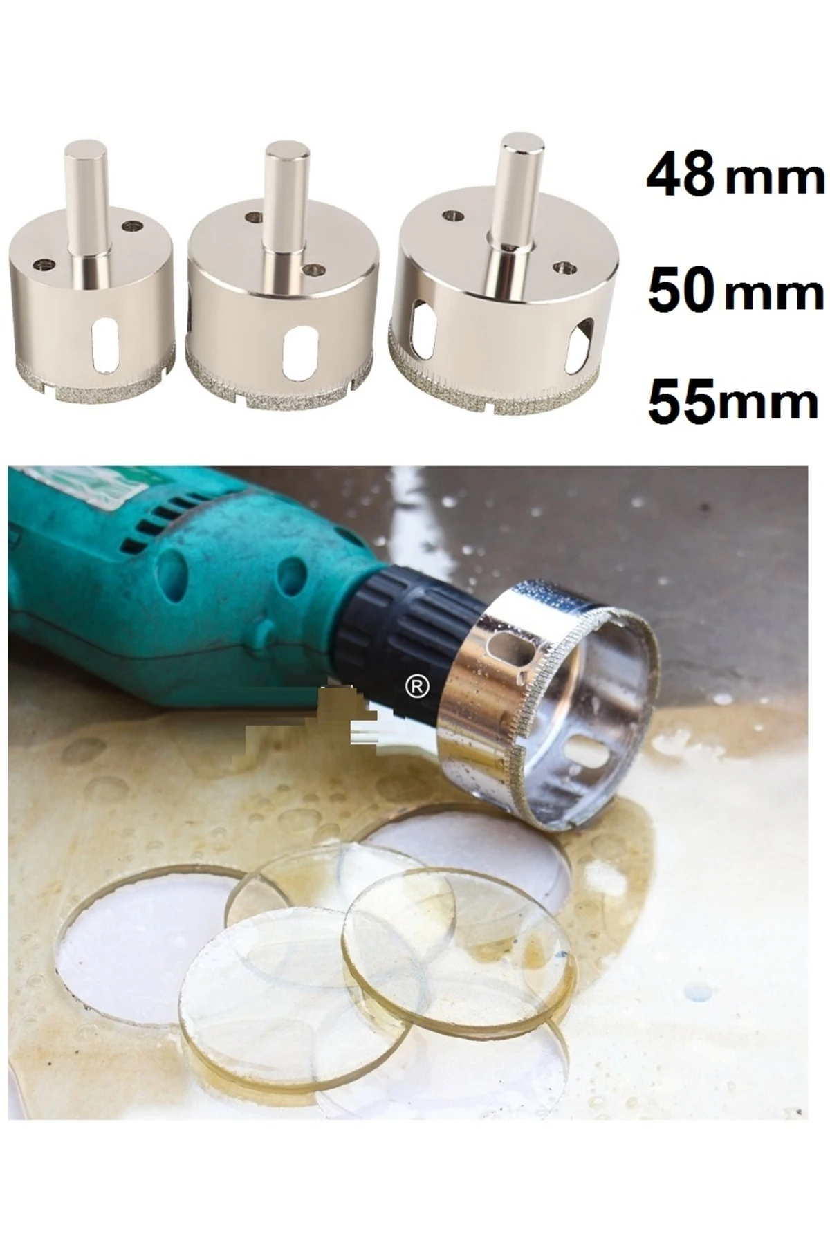 Mermer Granit Fayans Cam Yuvarlak Delme 3lü (48- 50-55mm) Matkap Uyumlu Elmaslı Boru Tipi Panc