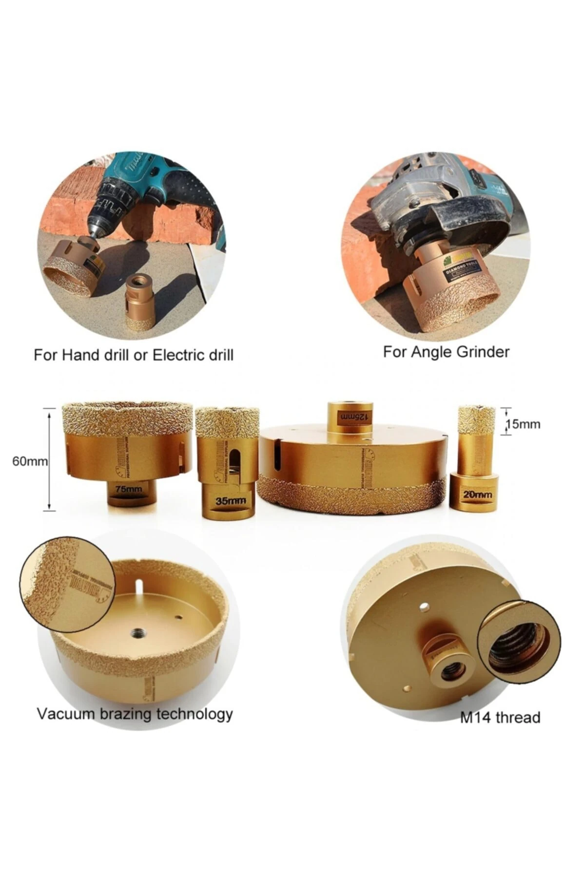 Mermer Granit Panç Fayans Beton Kaya Delme Ucu 60mm Sarı Elmas Avuç Taşlama Uyumlu (m14) Karot Delik