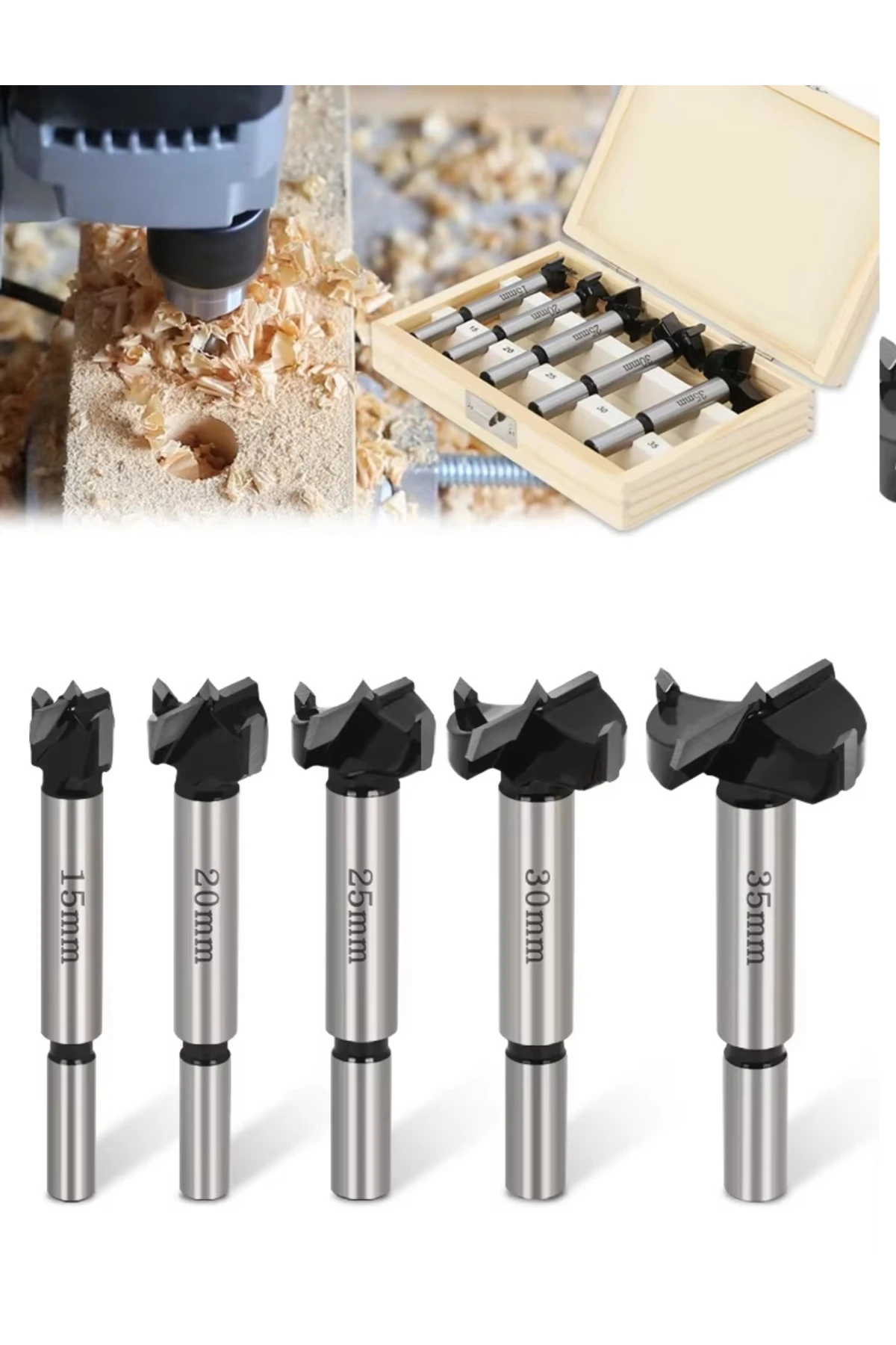 Tas Menteşe Freze Bıçağı Uç Seti 5 Parçalı Ahşap Delme Pancı Yuvarlak Delik Açma Matkap Ucu