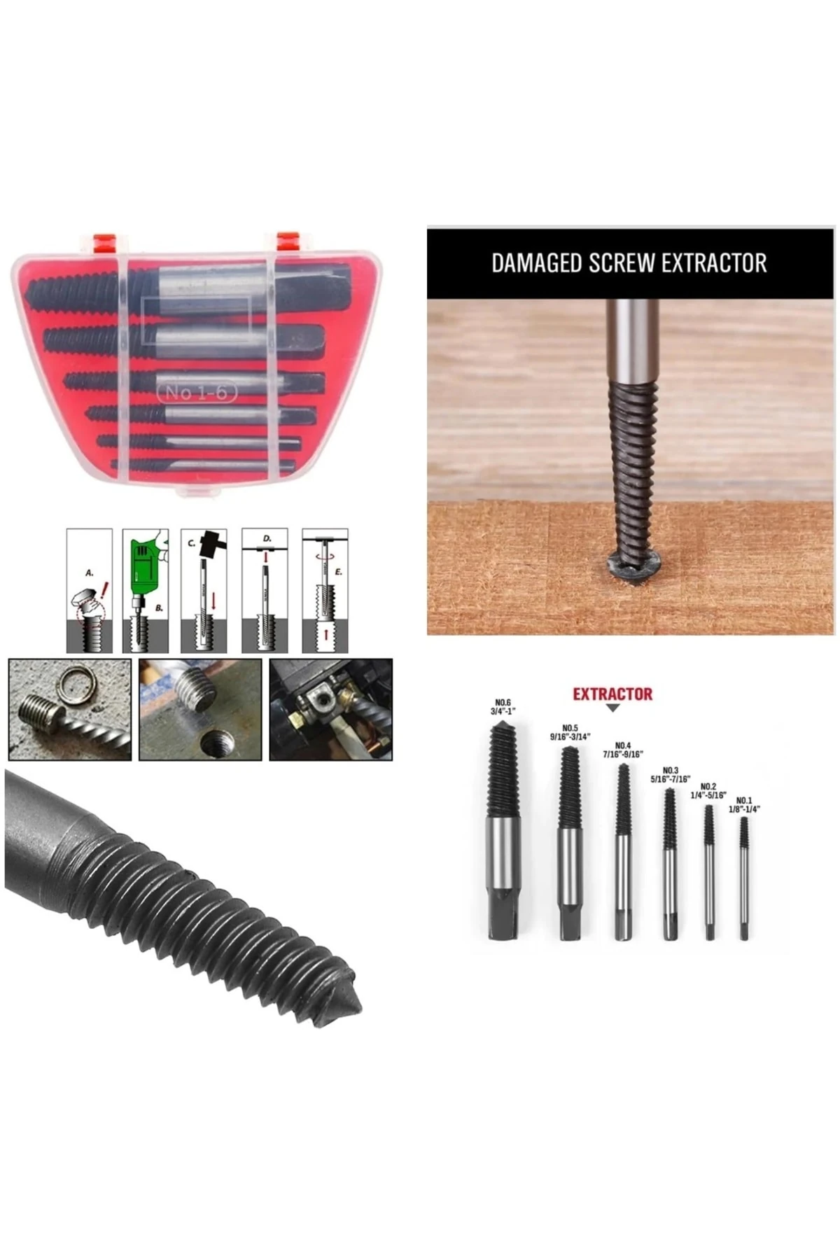Kör Vida Çıkartıcı Matkap Ucu Kılavuz Seti 6 Parça Hasarlı Kırık Vida Sökücü Klavuz Takımı