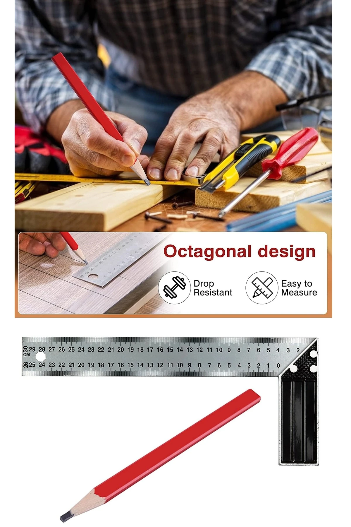 Ayarlı Gönye (45-90 Derece) Sürgülü Kumpas ve Marangoz Kalemi seti