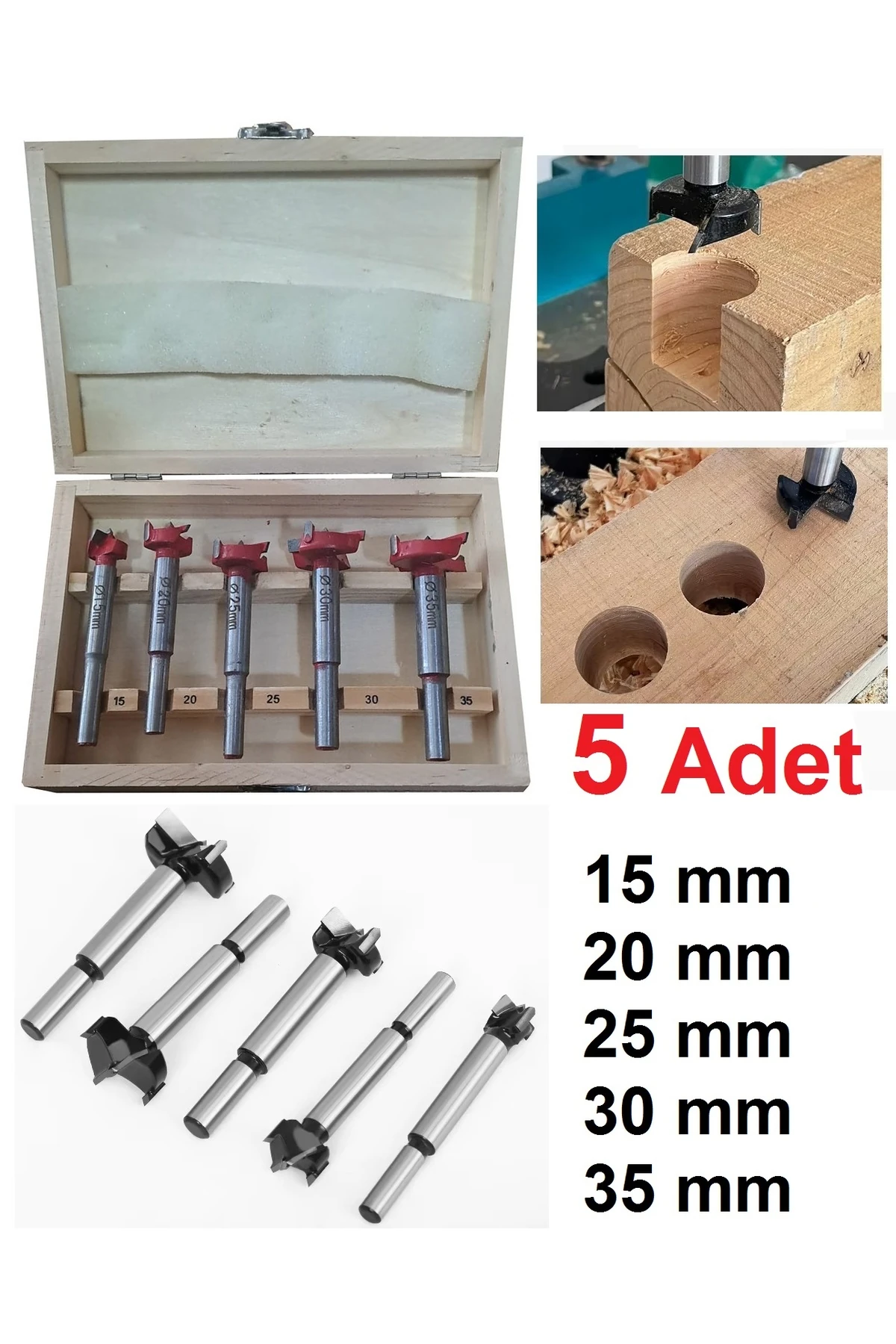 Tas Menteşe Freze Bıçağı Uç Seti 5 Parçalı Ahşap Delme Pancı Yuvarlak Delik Açma Matkap Ucu