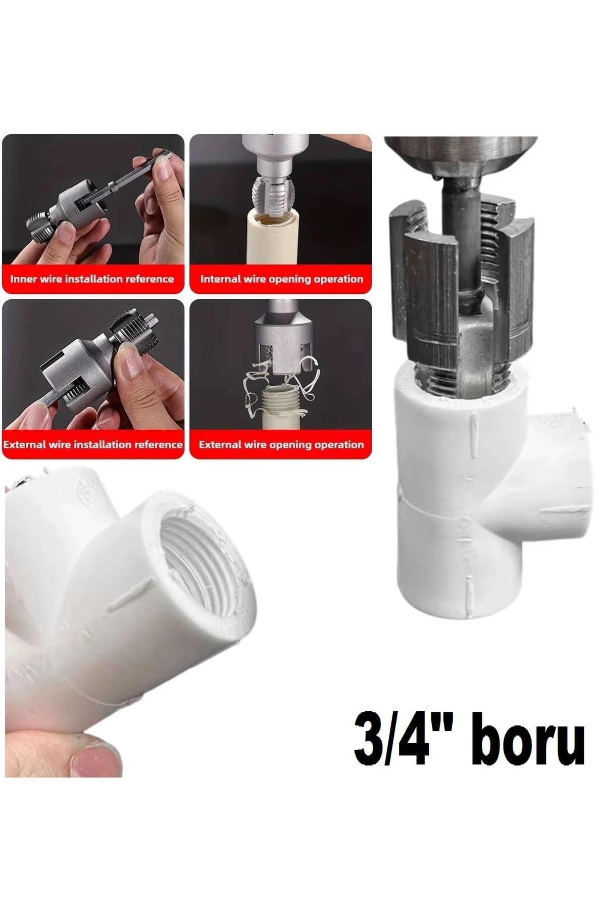 PPRC Pvc Boru Diş açma Aparatı Tamir Onarım Montaj için 3/4" Matkap Adaptörlü Tesisatcı Rayba Klavuz
