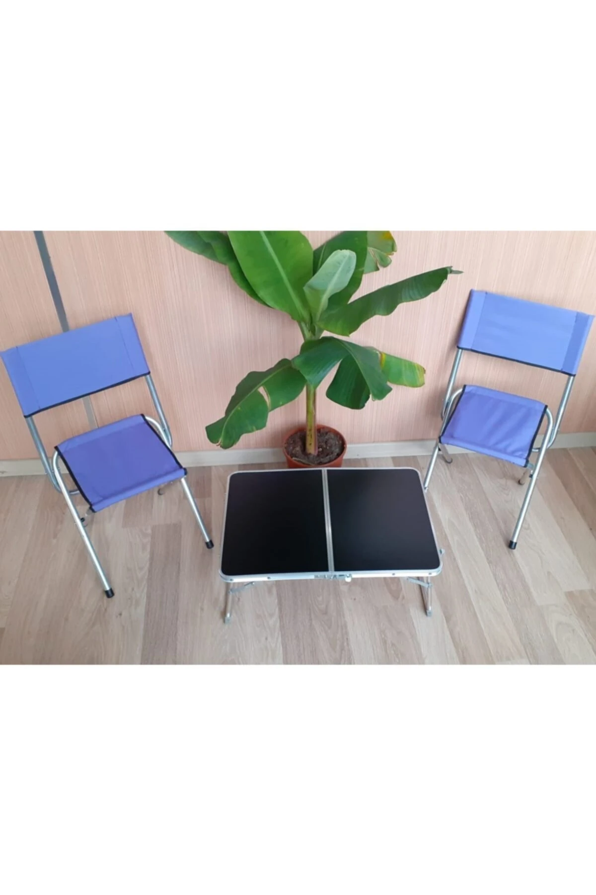 Piknik Kamp Balıkçı Tabure Ve Masa Seti 2 Adet Sırtlı Katlanır Tabure Çantalı 3 Parça Bahçe Seti Mor