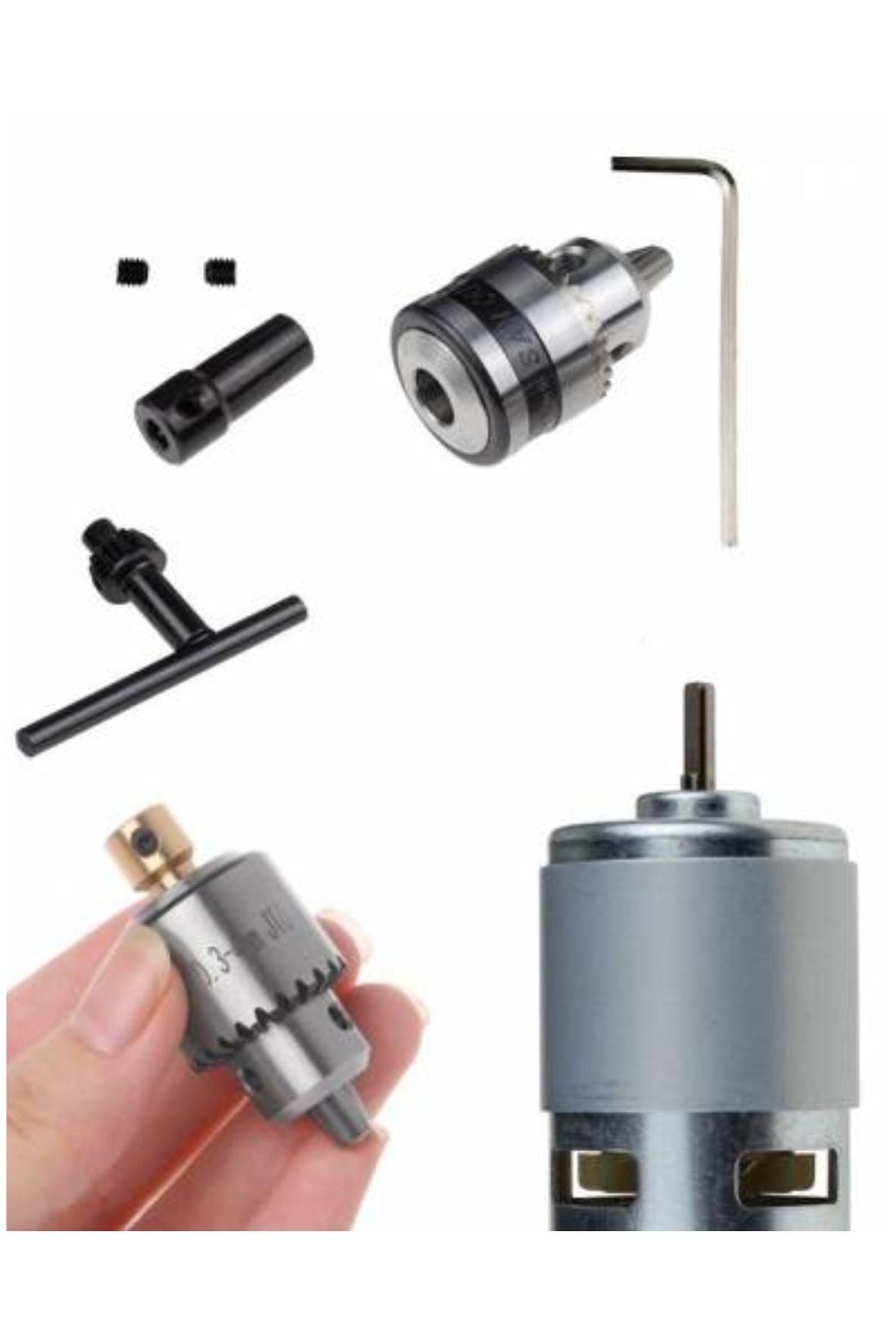 Motor Mandrel Seti Elle Sıkmalı 3 Çeneli Mini Chuck Adaptör Set