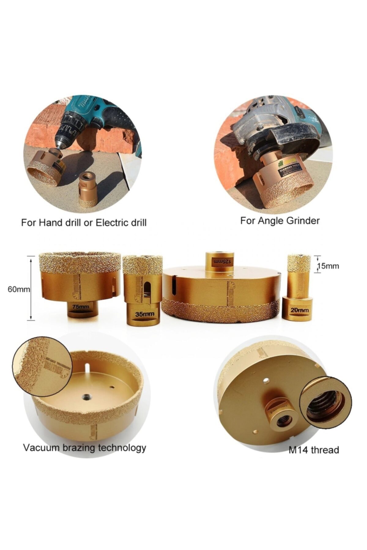 Mermer Granit Fayans Beton Delme Pancı 12mm Sarı Elmas Karot Vakum Kaynaklı Elmas Karot Sondaj Ucu