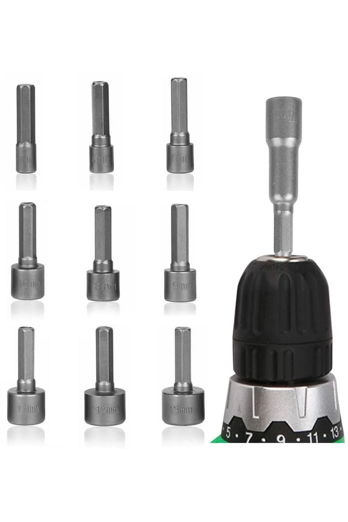 Somun Sökücü Bits Lokma Seti 1/4"vidalı Metrik Adaptör Matkap Ucu 5 Ila 13mm Altıgen Şaft 9 Parça