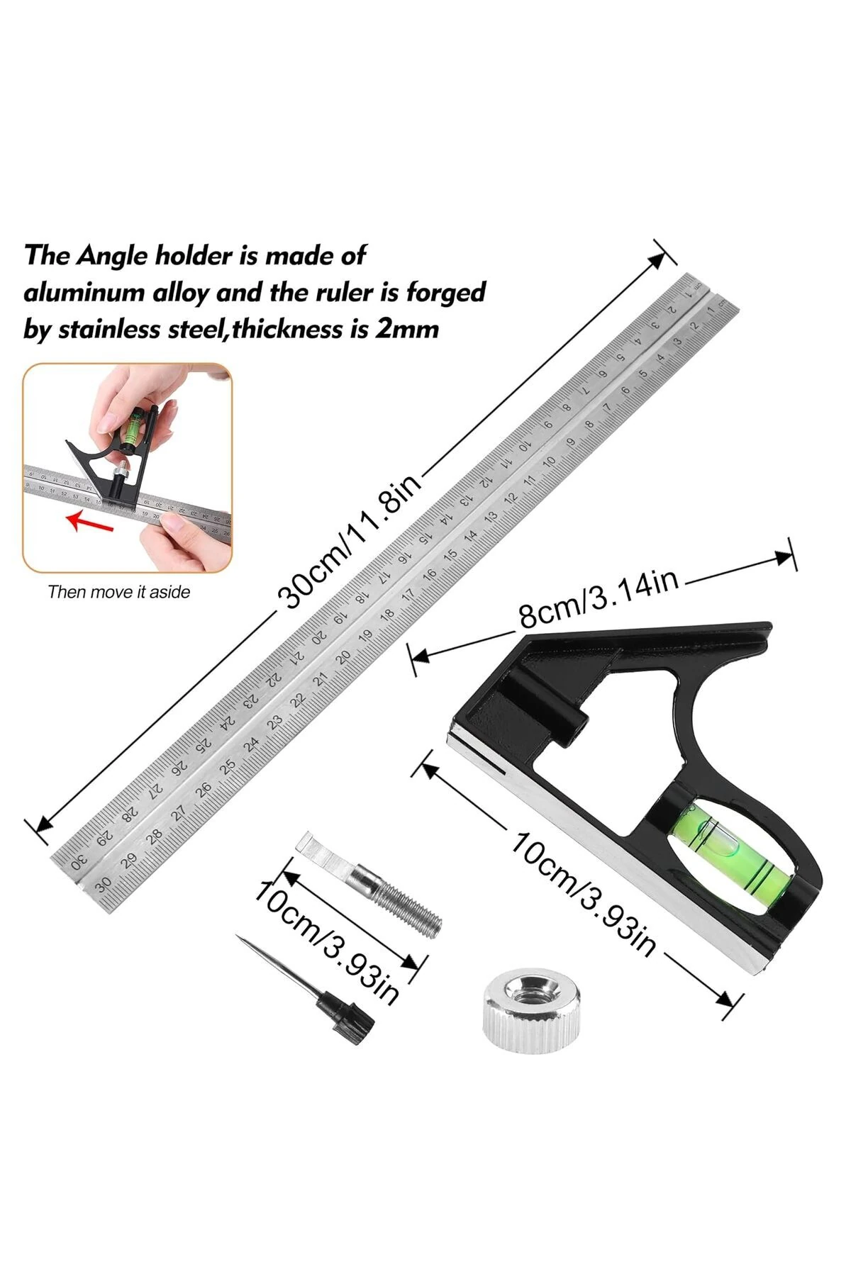 Kombine Su Terazili Ayarlı gönye Kumpas Marangoz Mühendis Cizim Seti 45 90 derece
