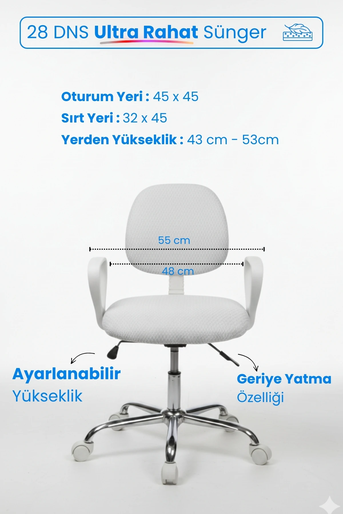  Ev Ofis Sekreter Personel Çalışma Sandalyesi Geriye Yatma Krom Beyaz Büro Ders Oyuncu Koltuğu