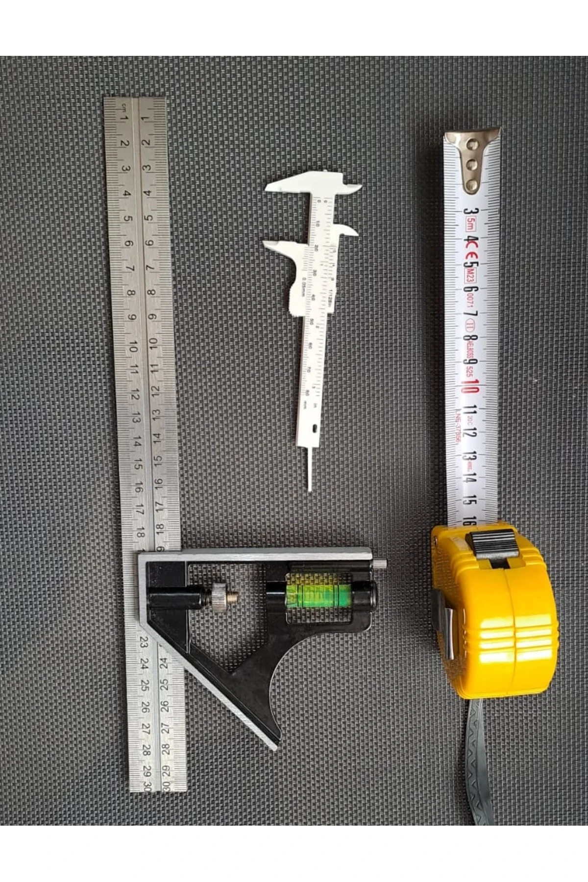 Açılı Kombine gönye Su Terazili 5 Metre Şerit Kumpas Seti Marangoz Mühendis Mimar El Alet Seti