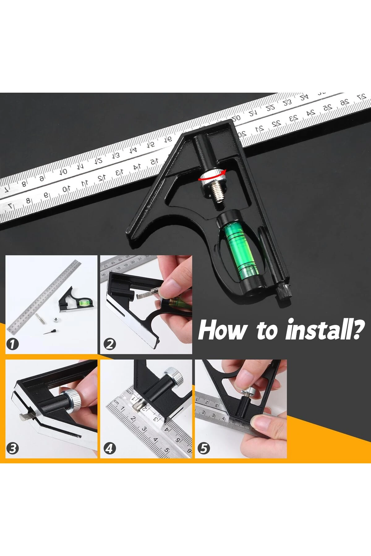 Su terazili ayarlı Kombine cetvel Açı ölçer Kalıp Tarağı Kumpas Marangoz Mühendis 45°/90° 300mm