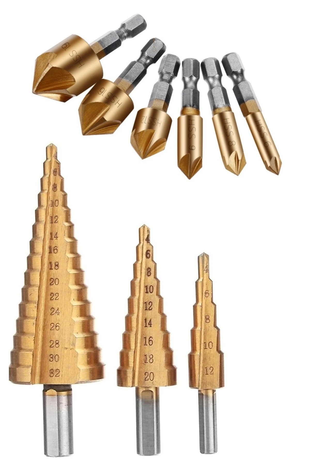 Titanyum Pah Kırma 6lı Freze Ucu  3 Adet Kademeli Delme Adım Kozalak Freze Takımı