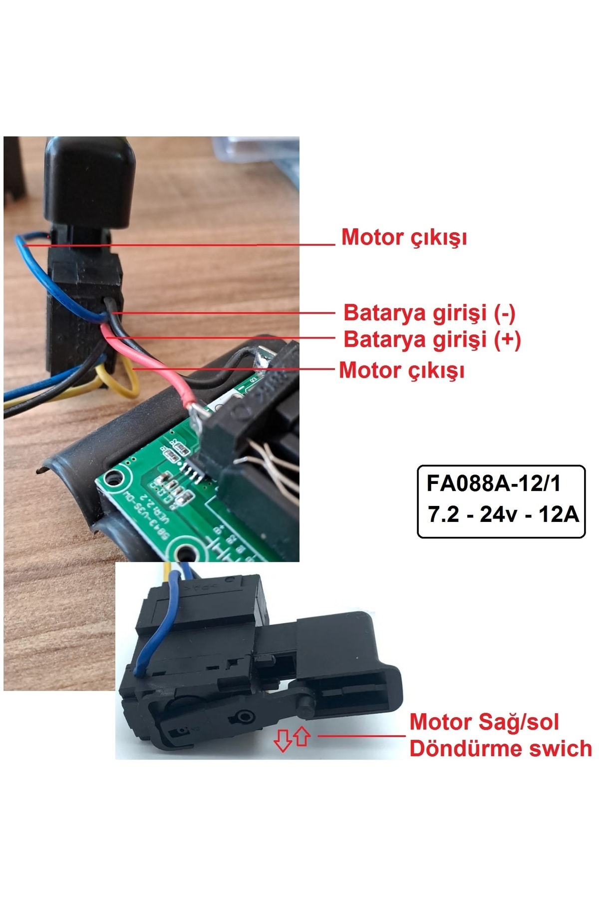 Elektronik Hız Kontrol Tetik Dc Motor Şarjlı Matkap Tetiği Sağ Sol Dönme Anahtarlı Fa088a 7.2-24v 2a