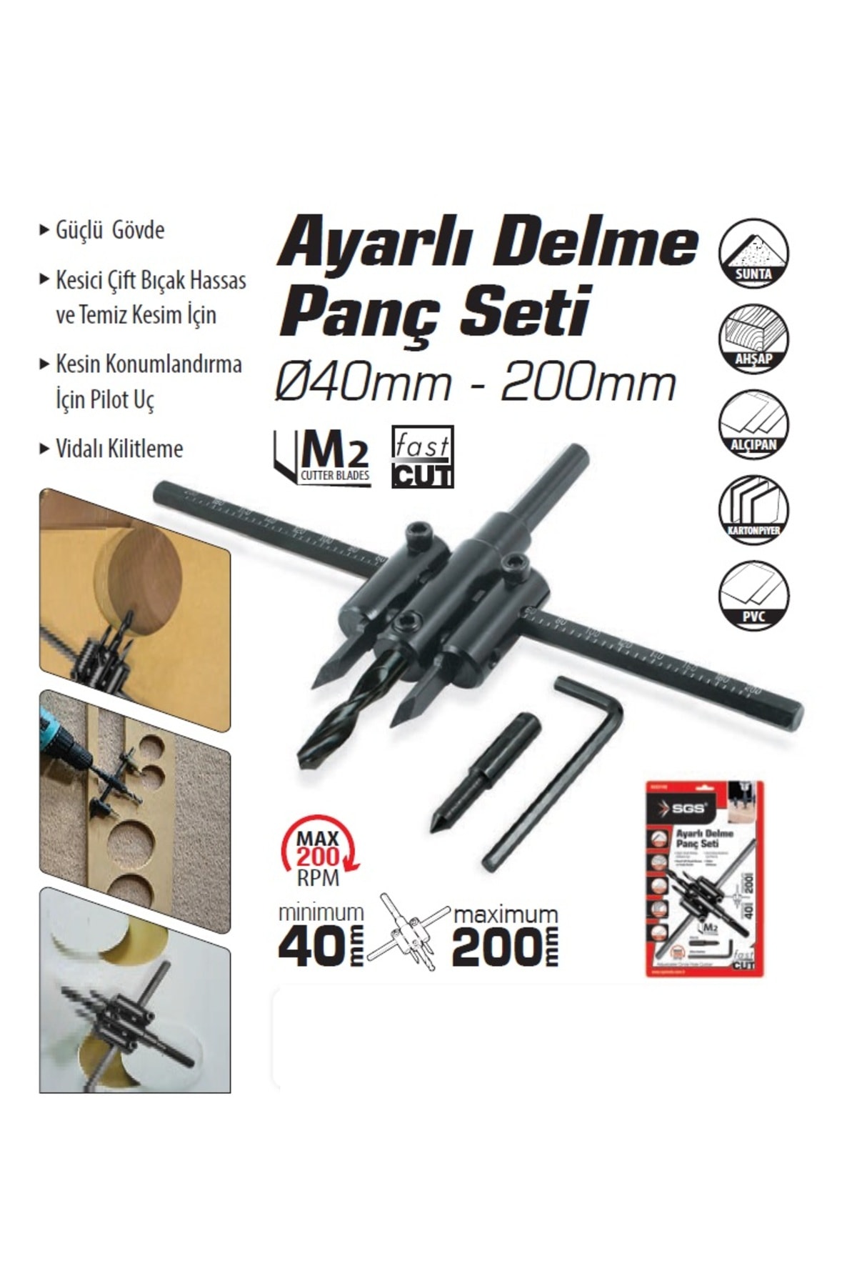 Ayarlı Alçıpan Delme Aleti 40mm-200mm çapı ayarlanabilir ahşap ve alçıpan delik delme pancı