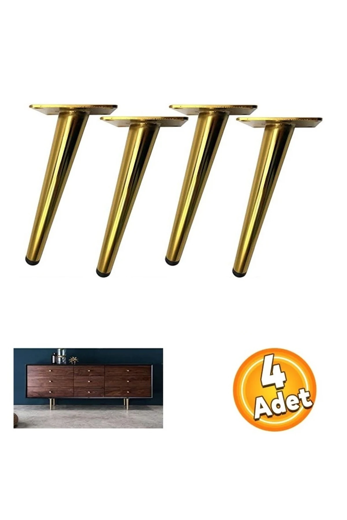 Altın Rengi Eğimli Metal Mobilya Ve Koltuk Ayağı Pabuçlu Güçlü Ayak Seti 4 Adet 23cm