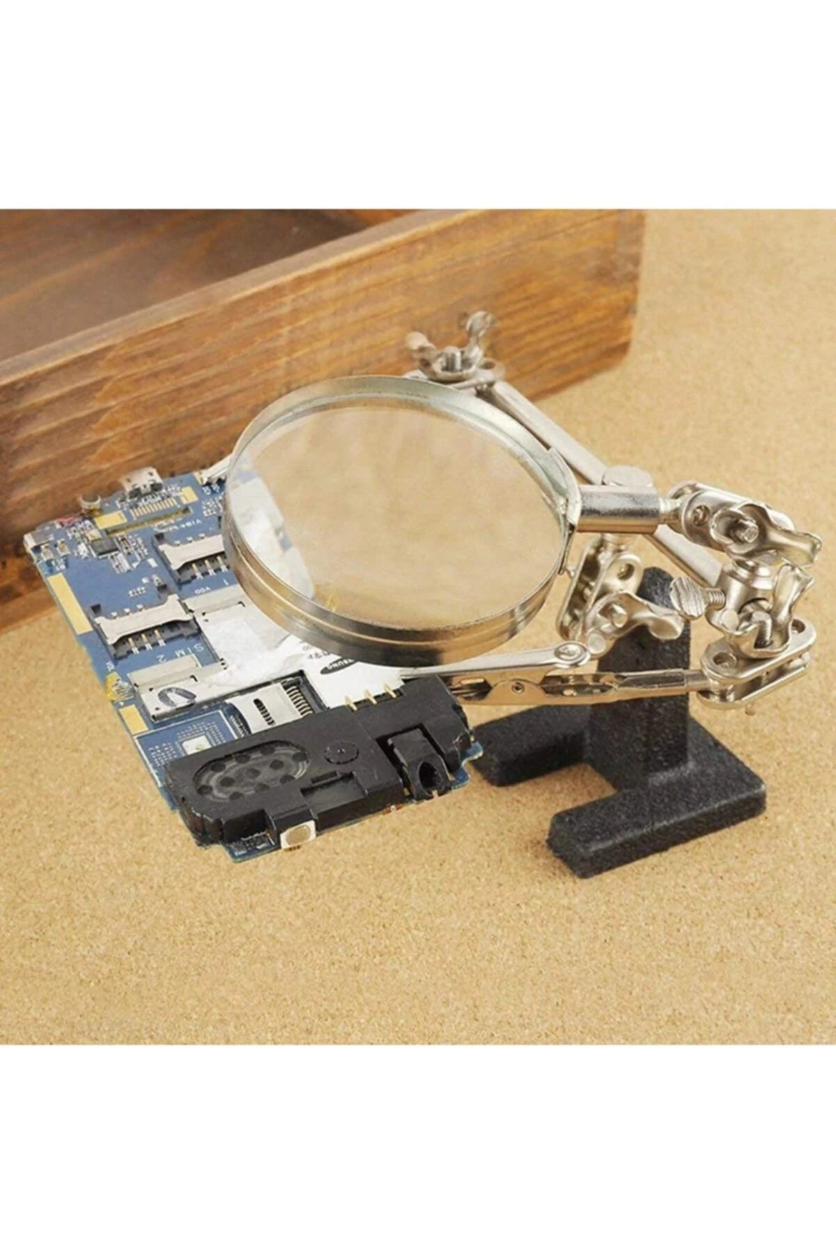 Elektronikçi Lehimleme Kıskaçlı Büyüteç Robot Kollu Mercekli Kuyumcu Mikroskop Sabitleme Standı 5x