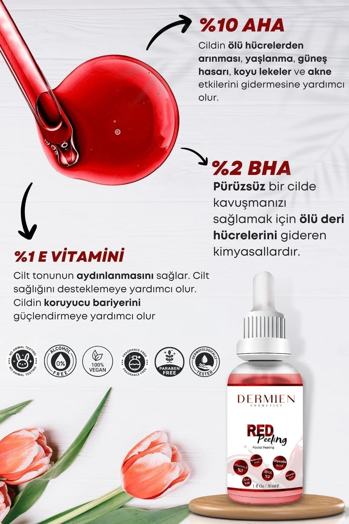 Red Peeling Serum Canlandırıcı, Yenileyici, Gözenek Sıkılaştırıcı, Leke Ve Akne Karşıtı, Antioksidan