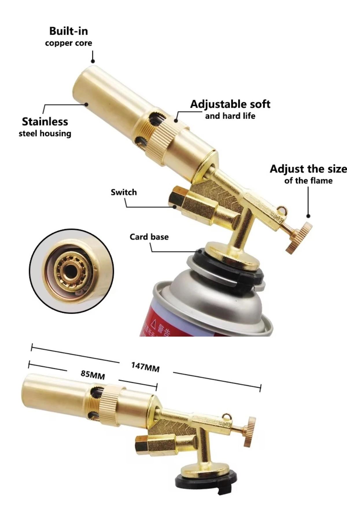 Çakmaklı Metal Pürmüz Kamp Gazı Kartuşlu Piknik Kamp Mangal Mutfak için 4 Adet 400ml Gaz ve  Başlık