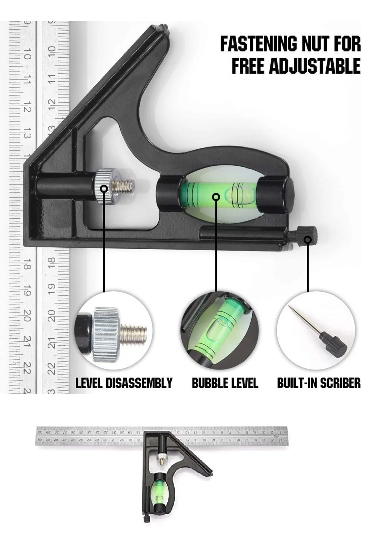Su terazili ayarlı Kombine cetvel Paslanmaz Alüminyum Açı ölçer Marangoz Mühendis 45°/90° 300mm
