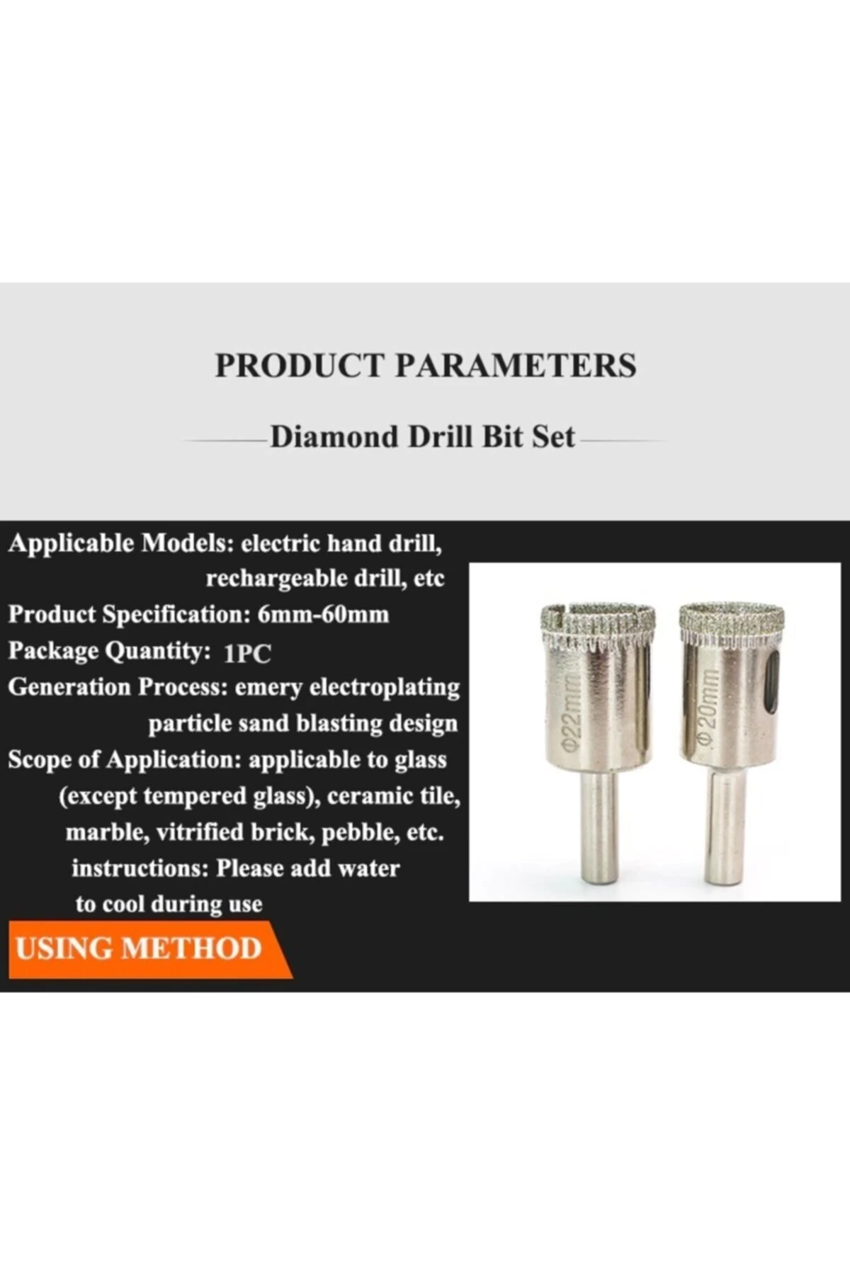 Mermer Granit Fayans Porselen Cam 20mm 22mm Yuvarlak Delme Pancı Elmas Uçlu Delik Açma Karot Ucu 2li