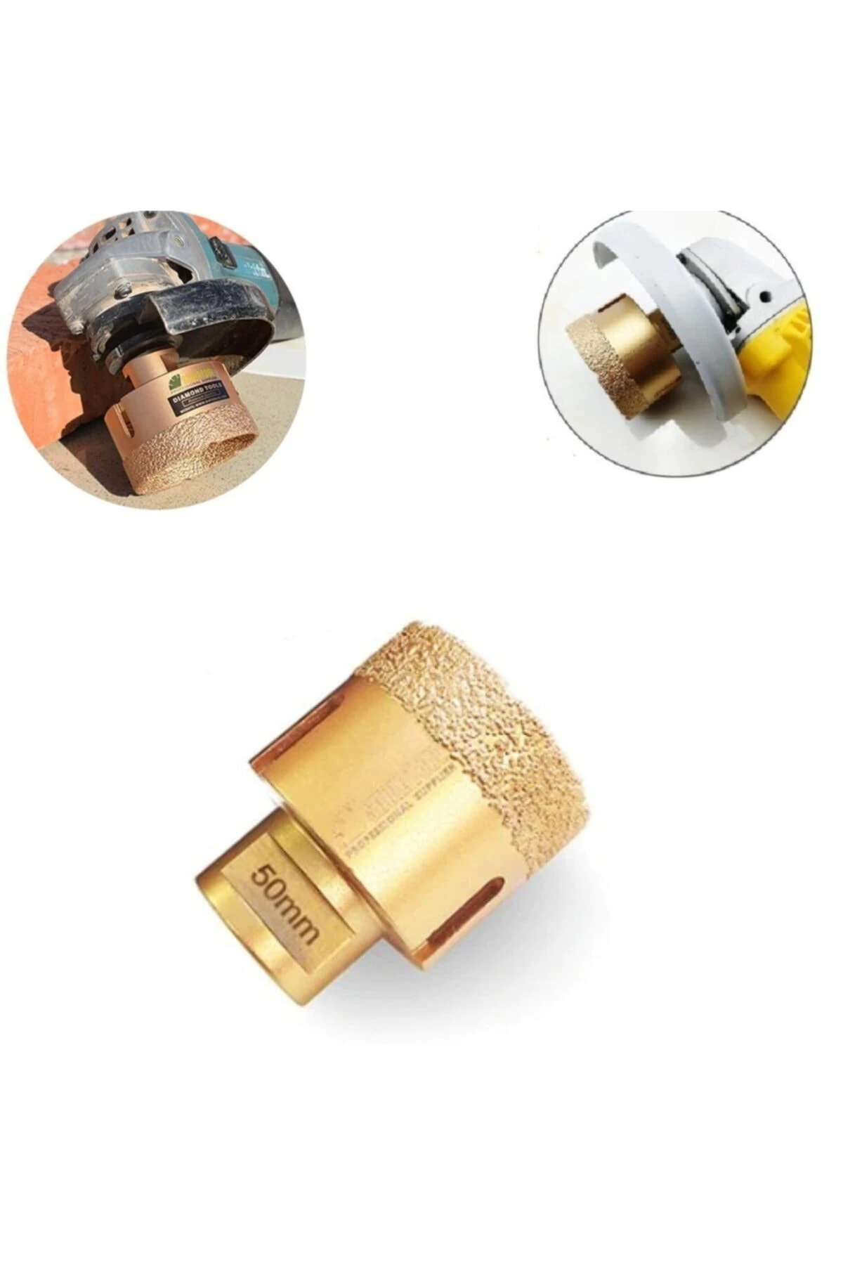 Mermer Granit Panç Fayans Beton Kaya Delme Ucu 50mm Sarı Elmas Avuç Taşlama Uyumlu (m14) Karot Delik