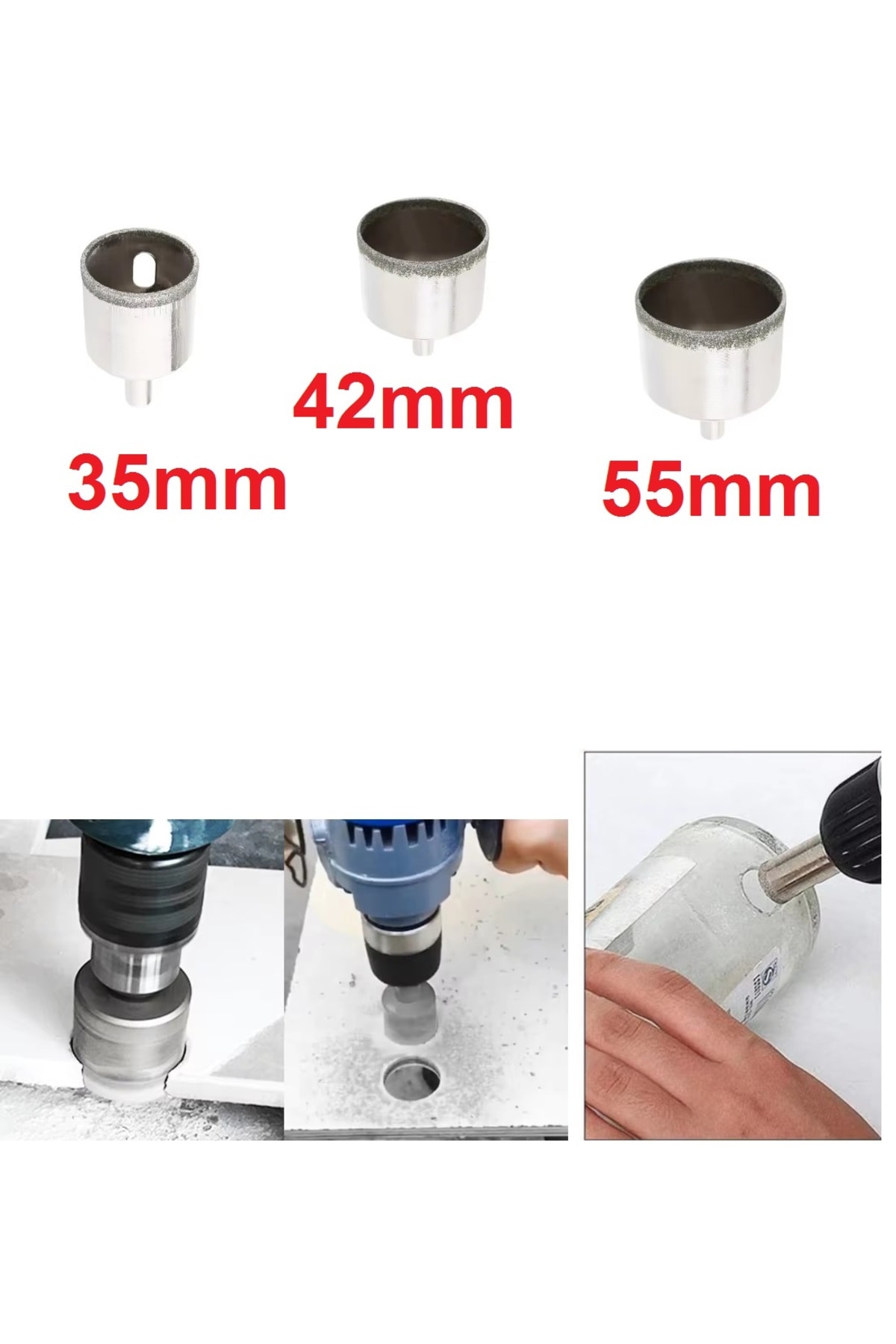 Cam Mermer Granit Delme Pancı 35mm 42mm 55mm Matkap Için 3lü Elmaslı Delik Karot