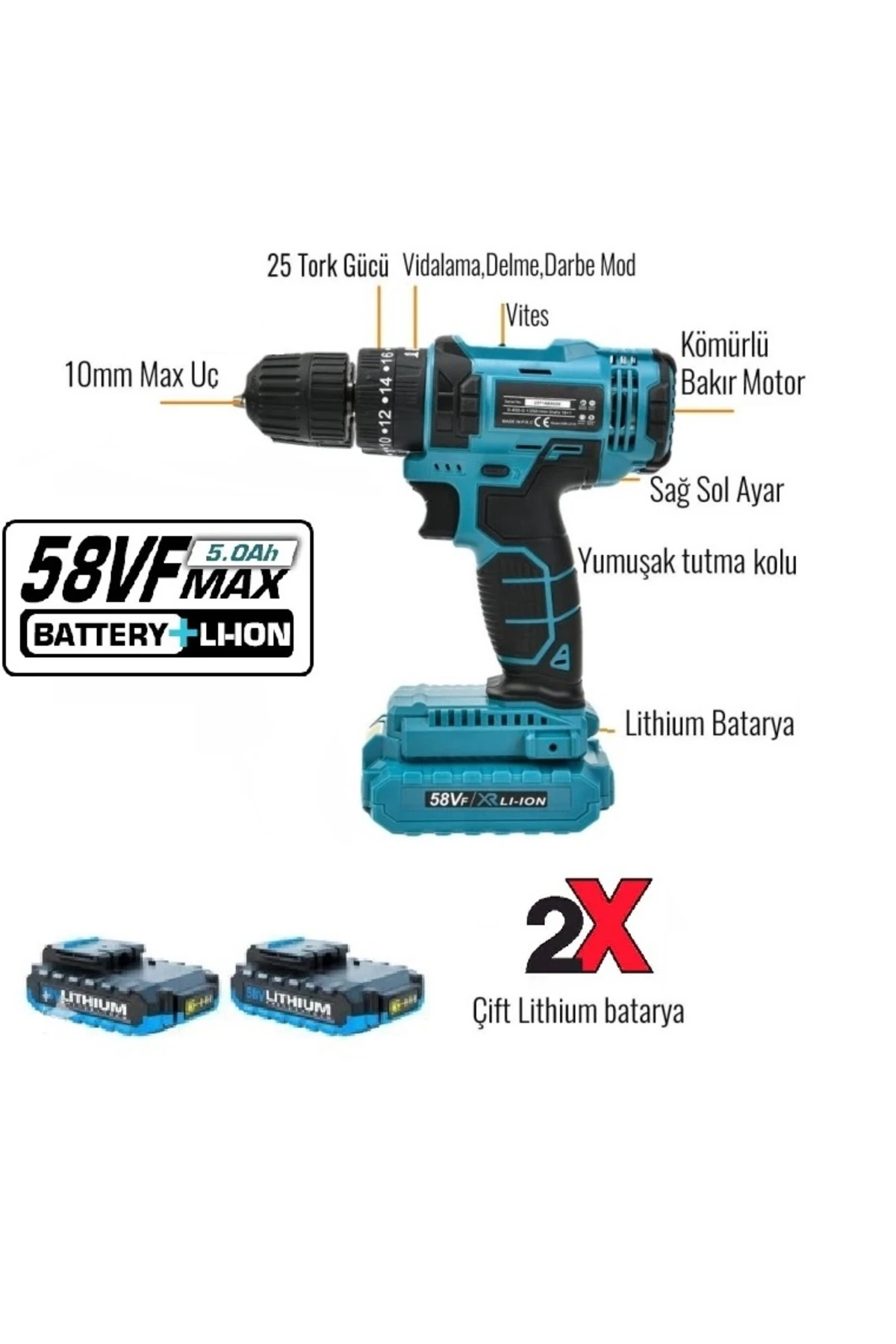 Şarjlı Darbeli Matkap 58 Volt Çift Akülü Şanzımanlı Torklu Matkap Duvar Beton Ahşap Delme Vidalama